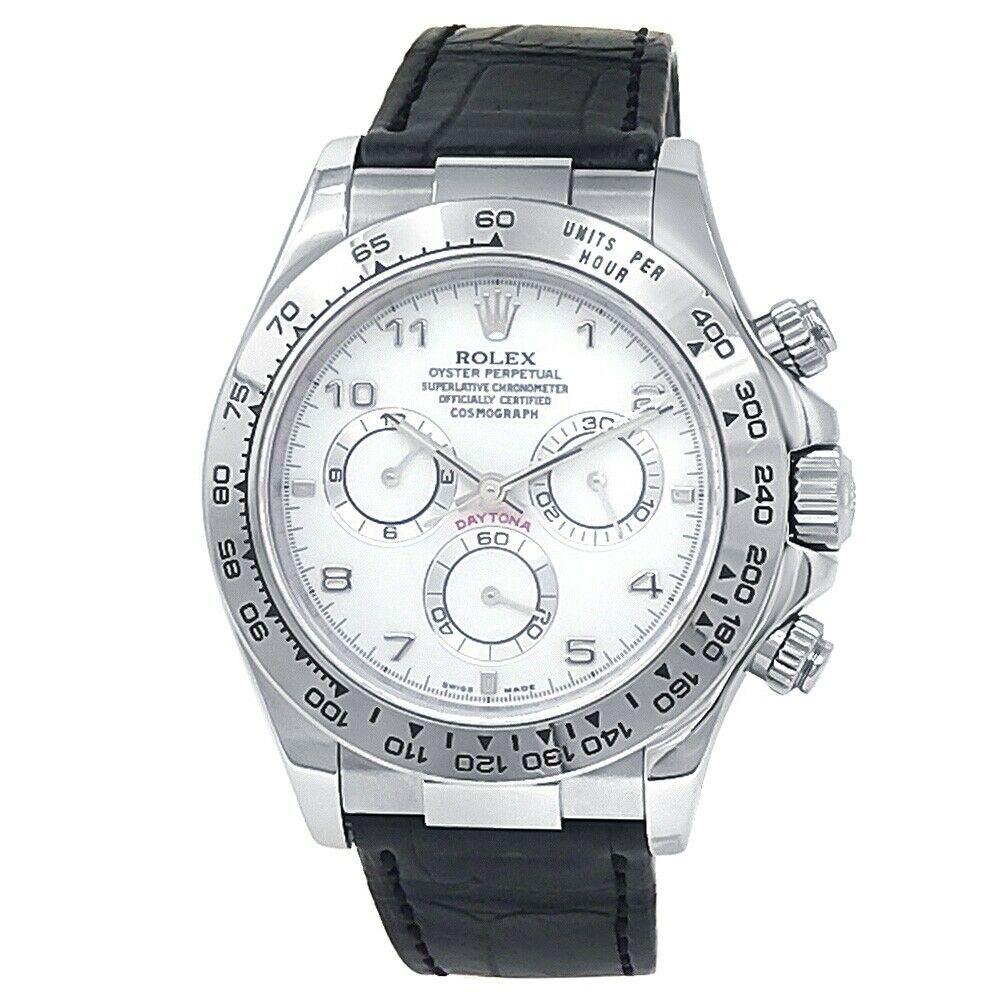 Rolex Daytona 18k White Gold Black Leather Automatic White Men's Watch