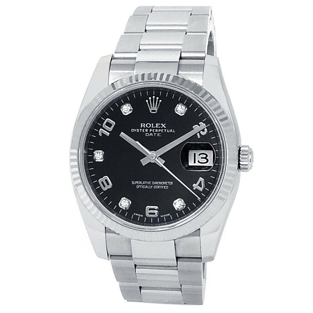 Rolex Date Stainless Steel Oyster Automatic Diamonds Black Men's Watch