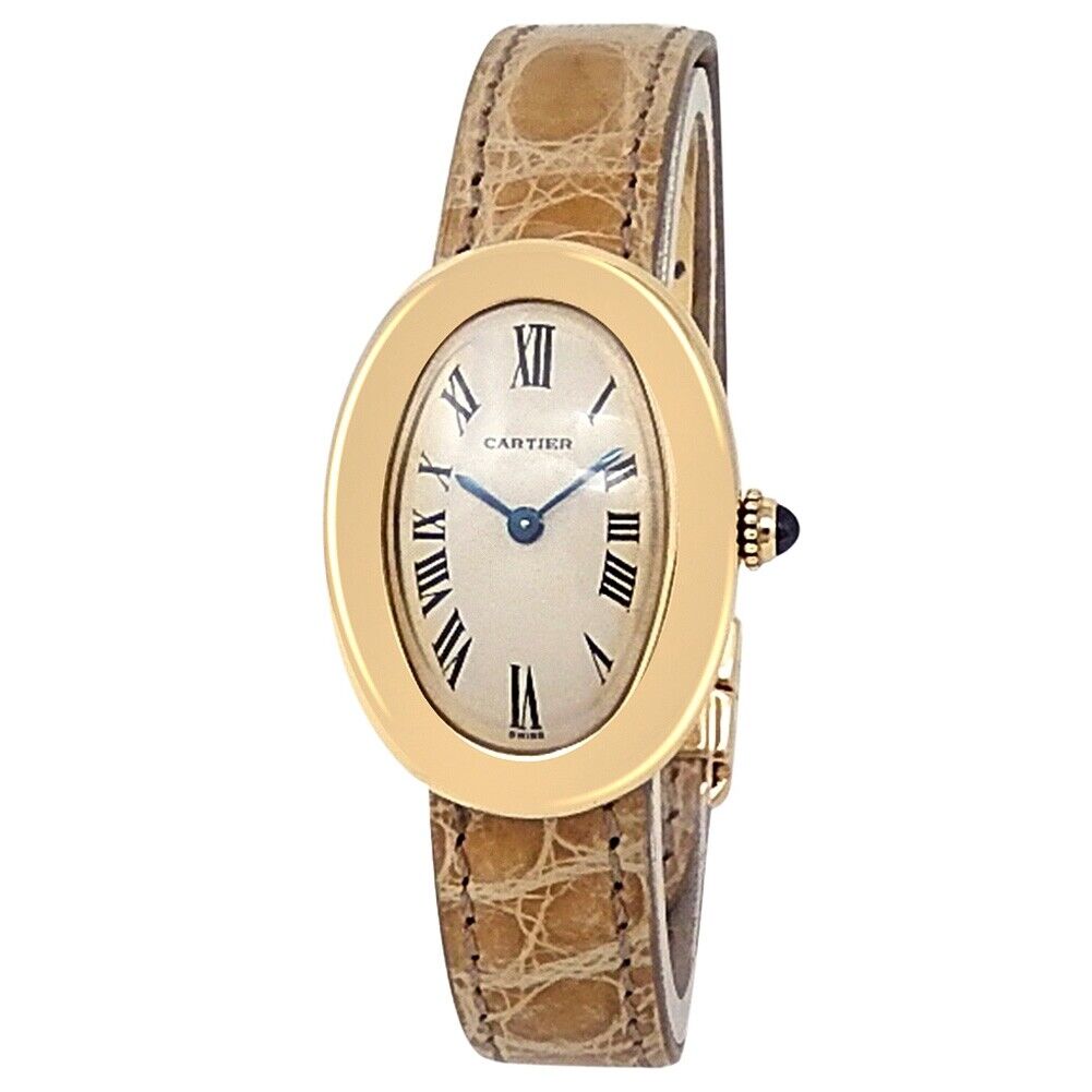 Cartier Baignoire 18k Yellow Gold Leather Quartz Silver Ladies Watch