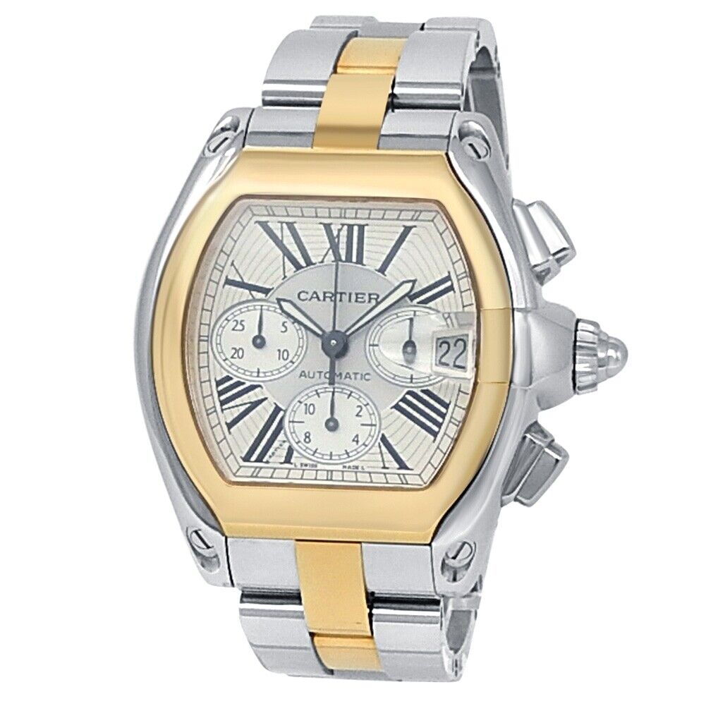 Cartier Roadster XL 18k Yellow Gold Stainless Steel Silver Men's Watch