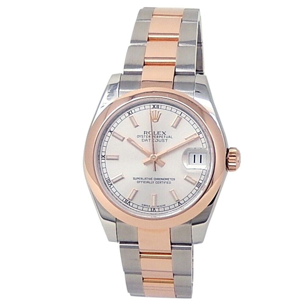 Rolex Datejust 18k Rose Gold Stainless Steel Oyster Silver Midsize Watch