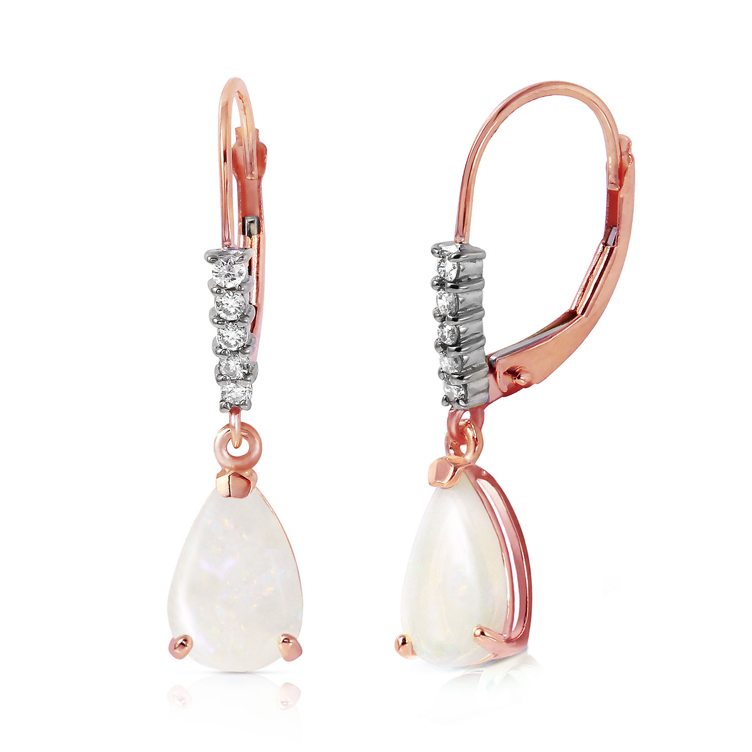 14K Solid Rose Gold Leverback Earrings withNatural Diamonds  Opals