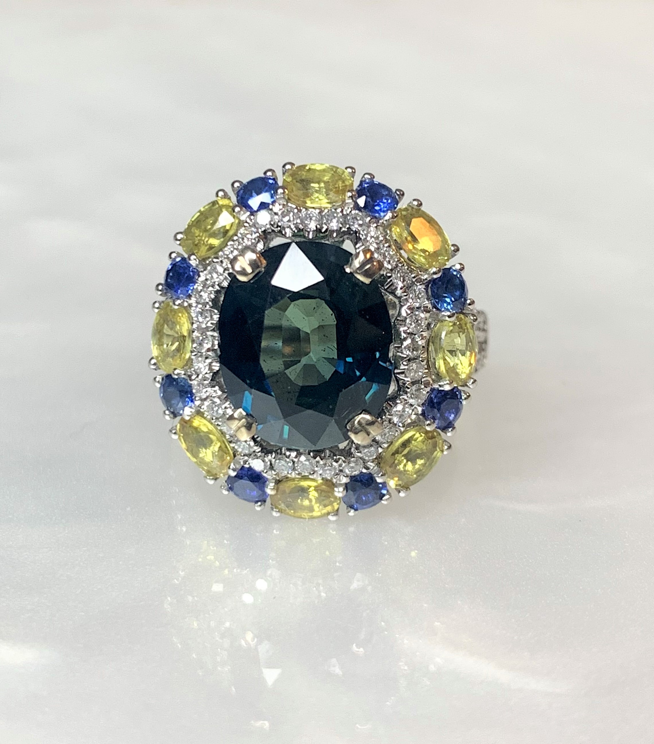 18K White Gold Cushion Cut Blue and Yellow Sapphire Diamond Ring