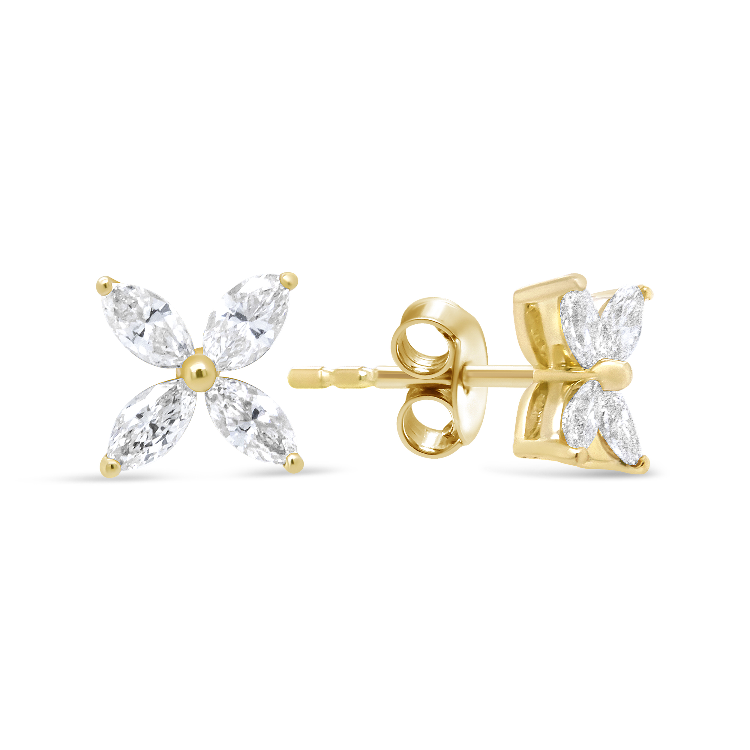 True 14K Yellow Gold 3/4 Cttw Marquise Diamond 8 Stone Floral Leaf Stud Earrings (I-J Color, SI2-I1 Clarity)