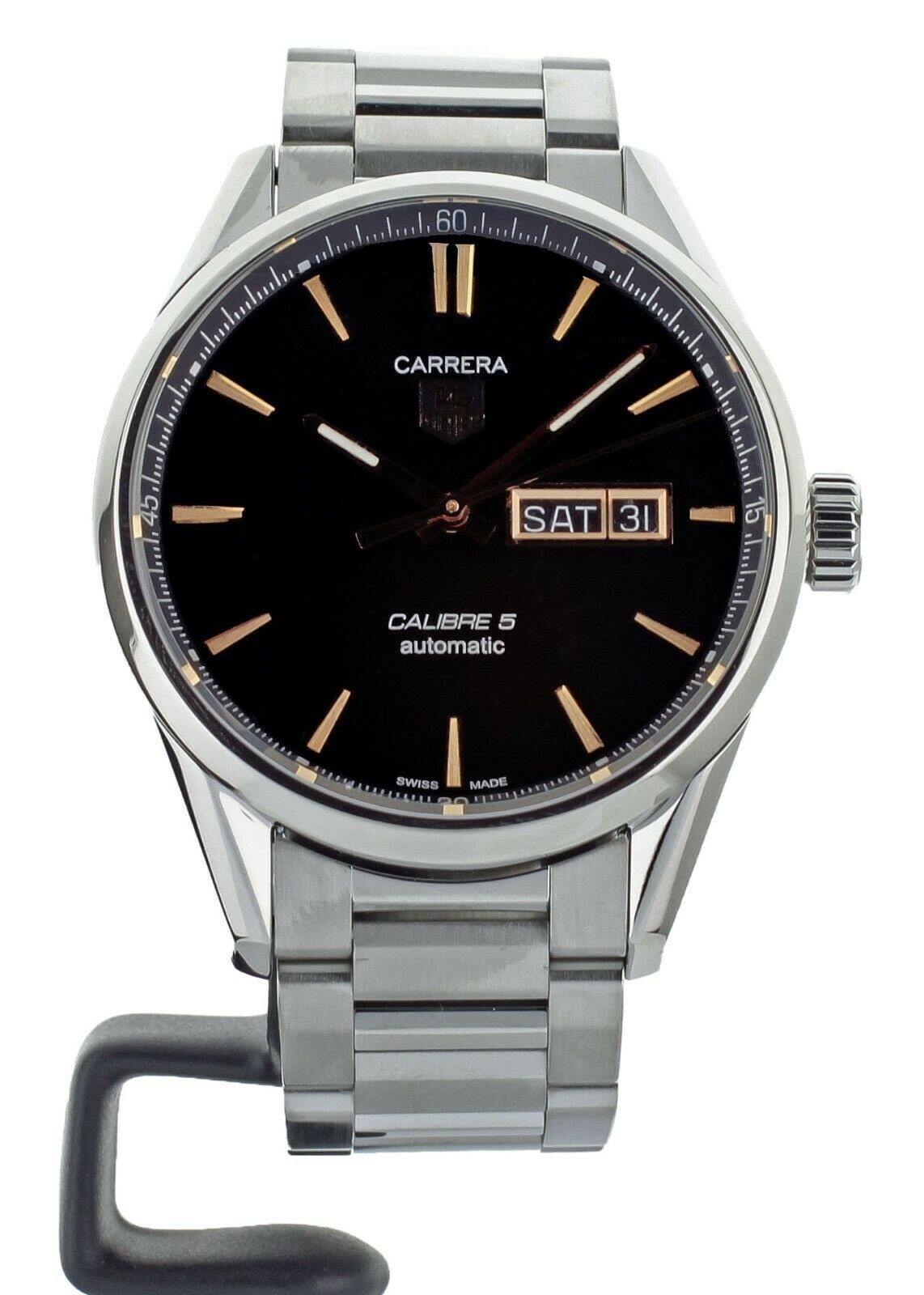 TAG HEUER CARRERA CALIBRE 5 DAY DATE BLACK DIAL ON BRACELET REF WAR20