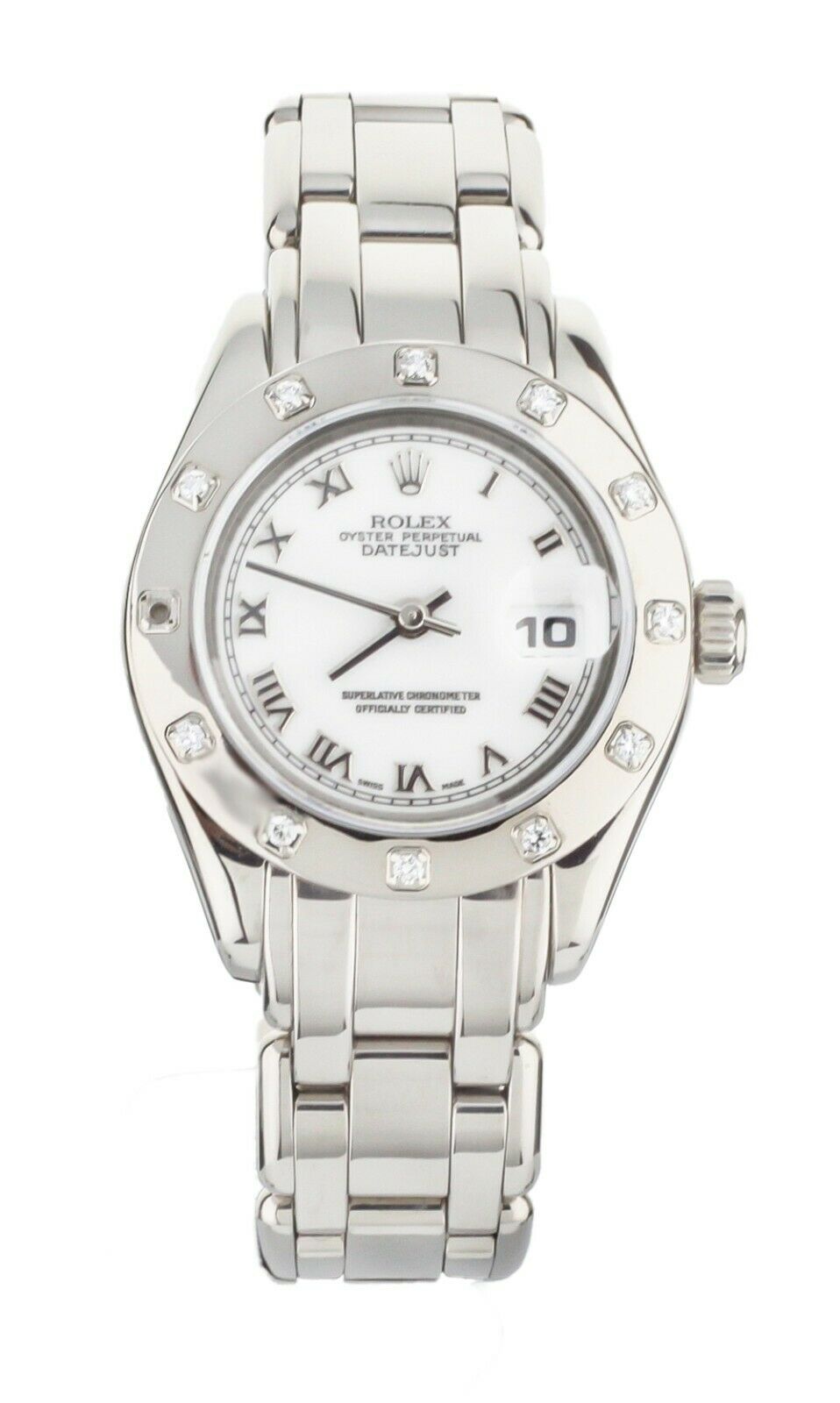 ROLEX PEARLMASTER WHITE GOLD 29MM WHITE ROMAN 12 DIAMOND BEZEL 69319