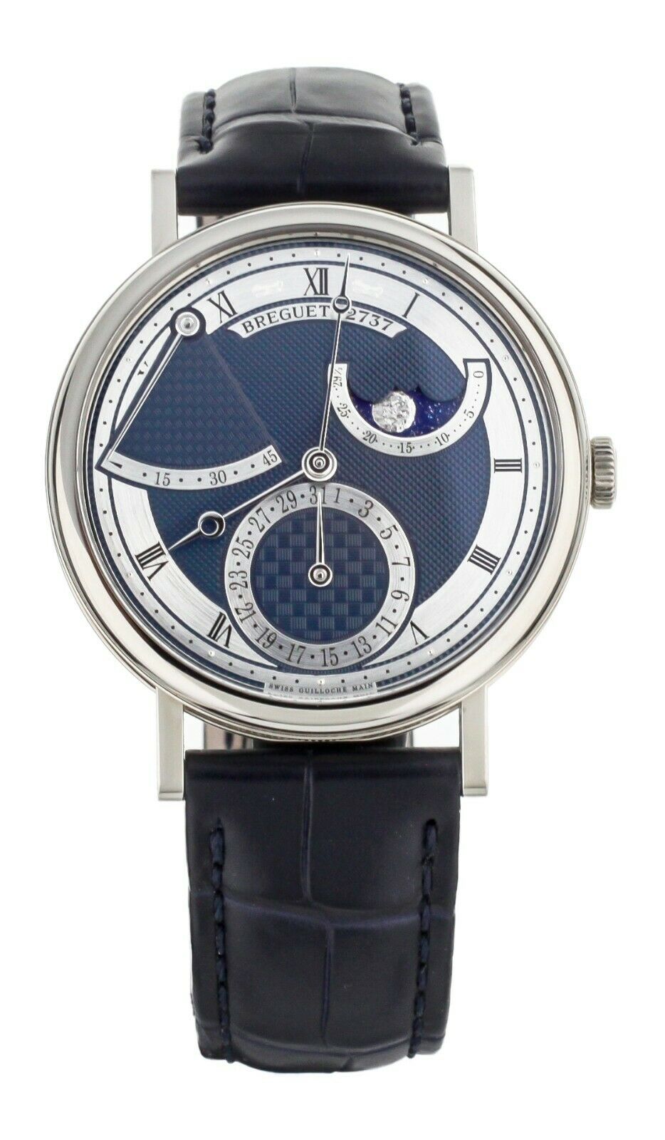 Breguet Classique White Gold Engraved Blue Dial Deployant Clasp 39mm 7137