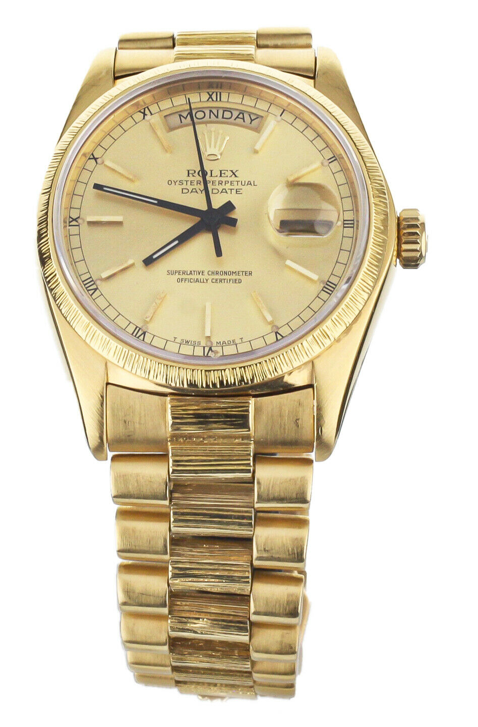 Rolex Day Date Yellow Gold on Yellow Gold Bark Bracelet Gold Dial 36mm 18078
