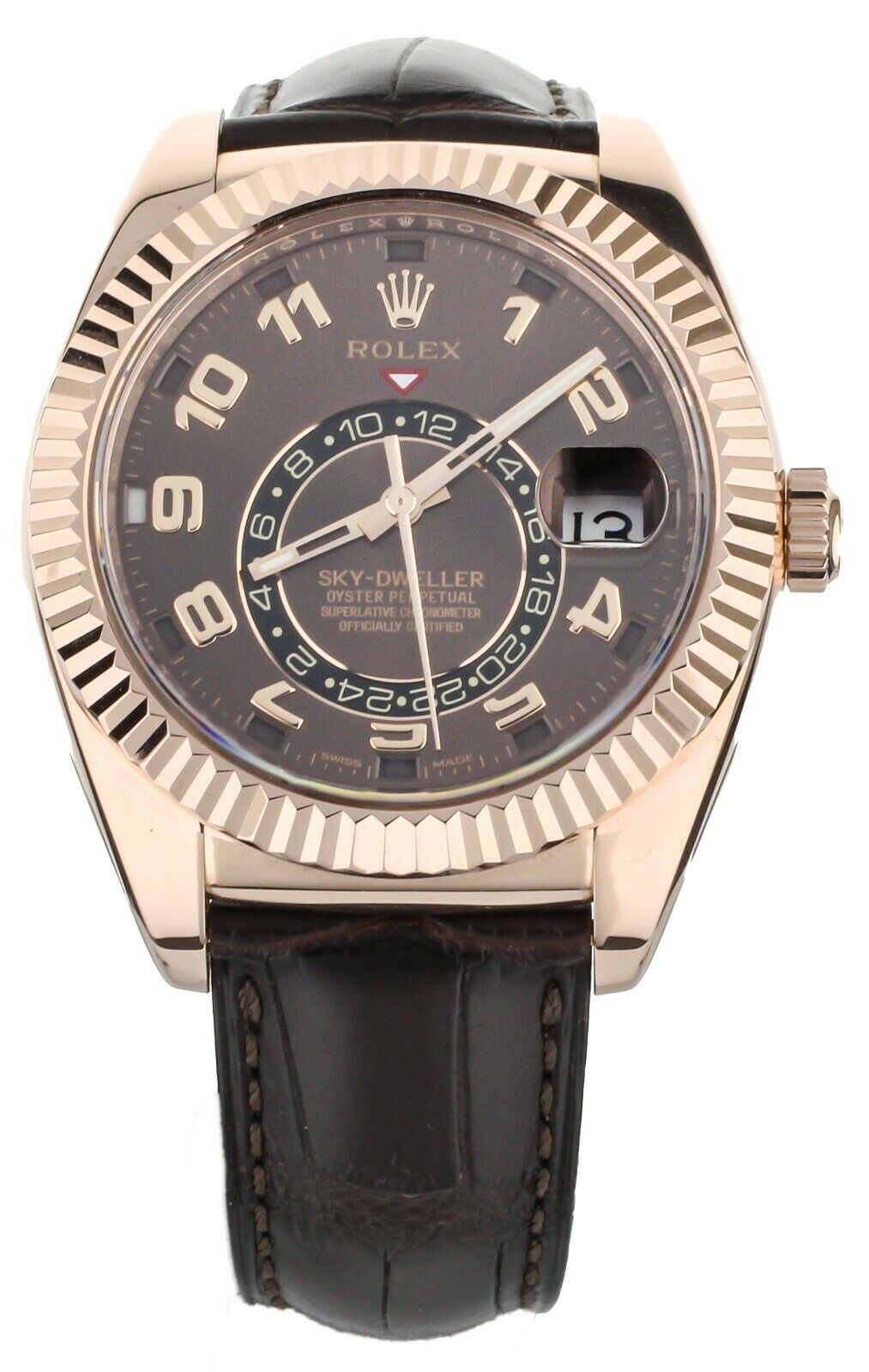 ROLEX SKYDWELLER ROSE GOLD ON LEATHER BROWN DIAL 43MM  REF: 326135 FULL SET