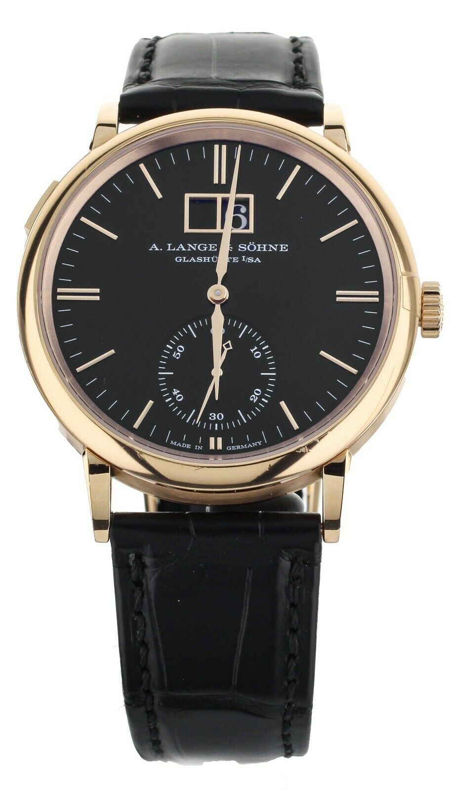 A LANGE  SOHNE SAXONIA OUTSIZE DATE ROSE GOLD 38.5MM 381.031 FULL SET