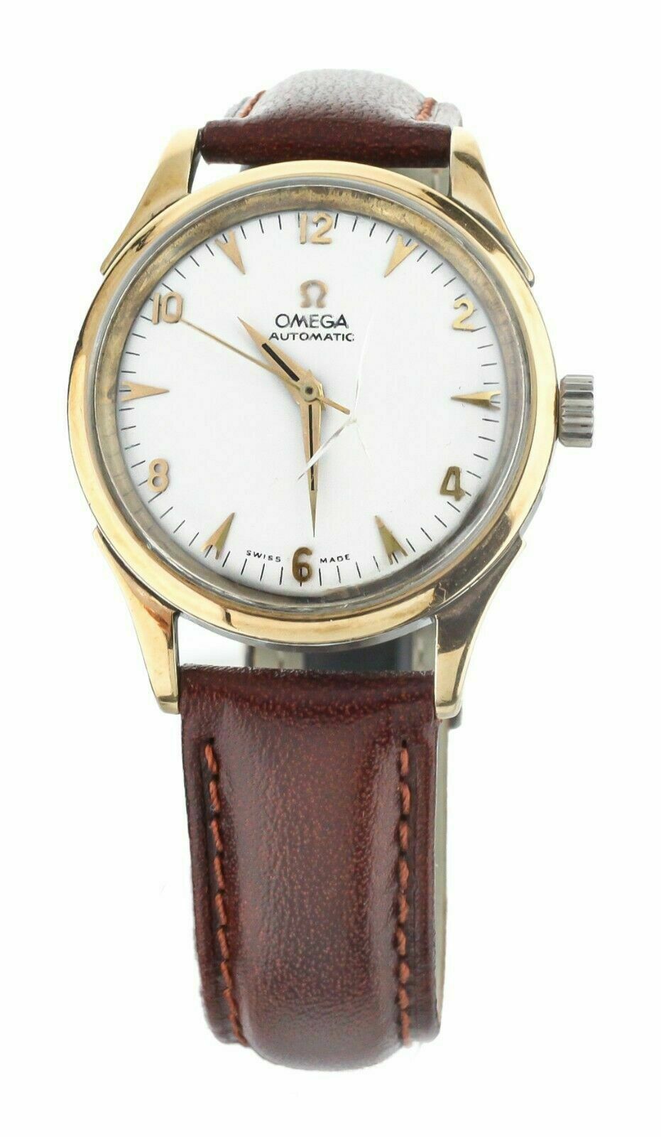 OMEGA 2583-6 35MM PLATED STAINLESS STEEL AUTOMATIC SILVER DIAL ON LEATHER STRAP