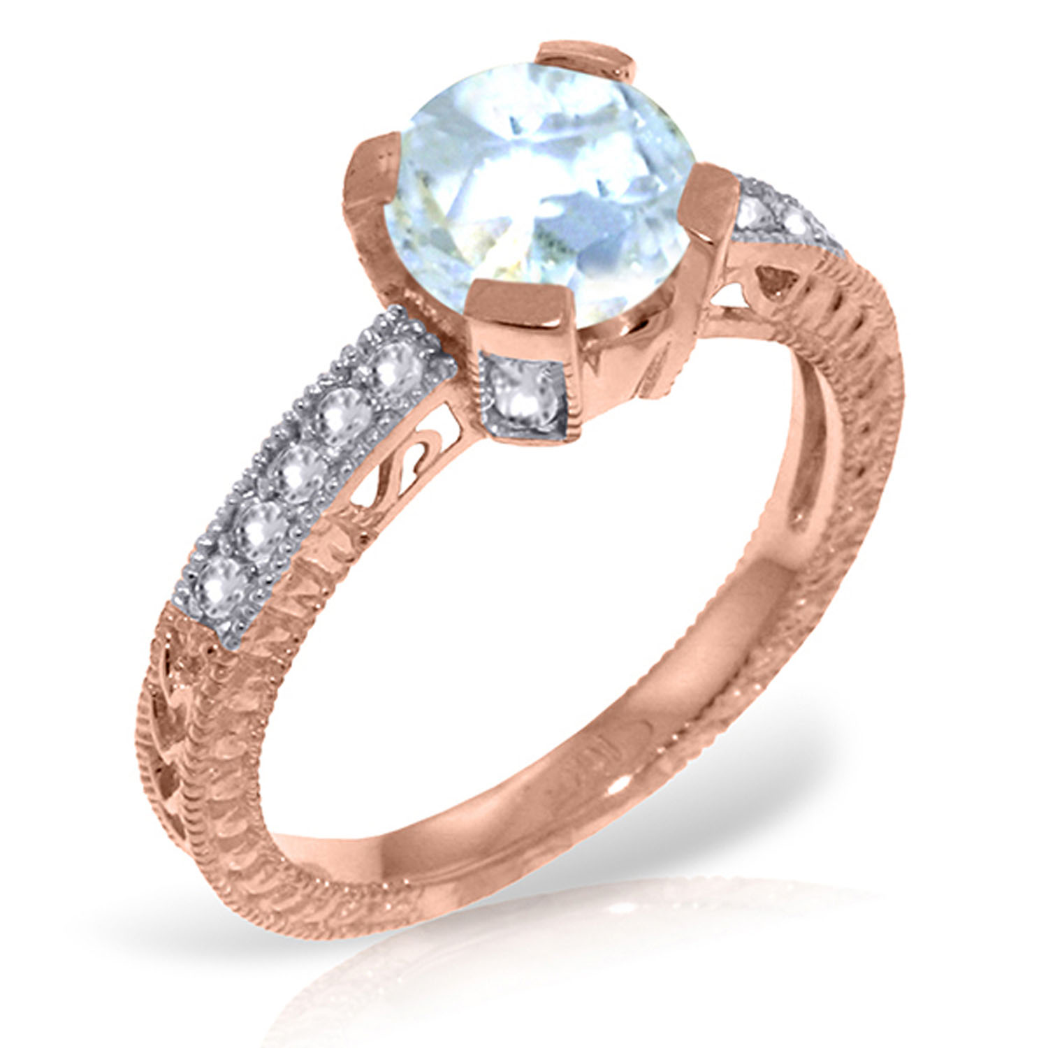 14K Solid Rose Gold Rings with Natural Diamonds  Aquamarine