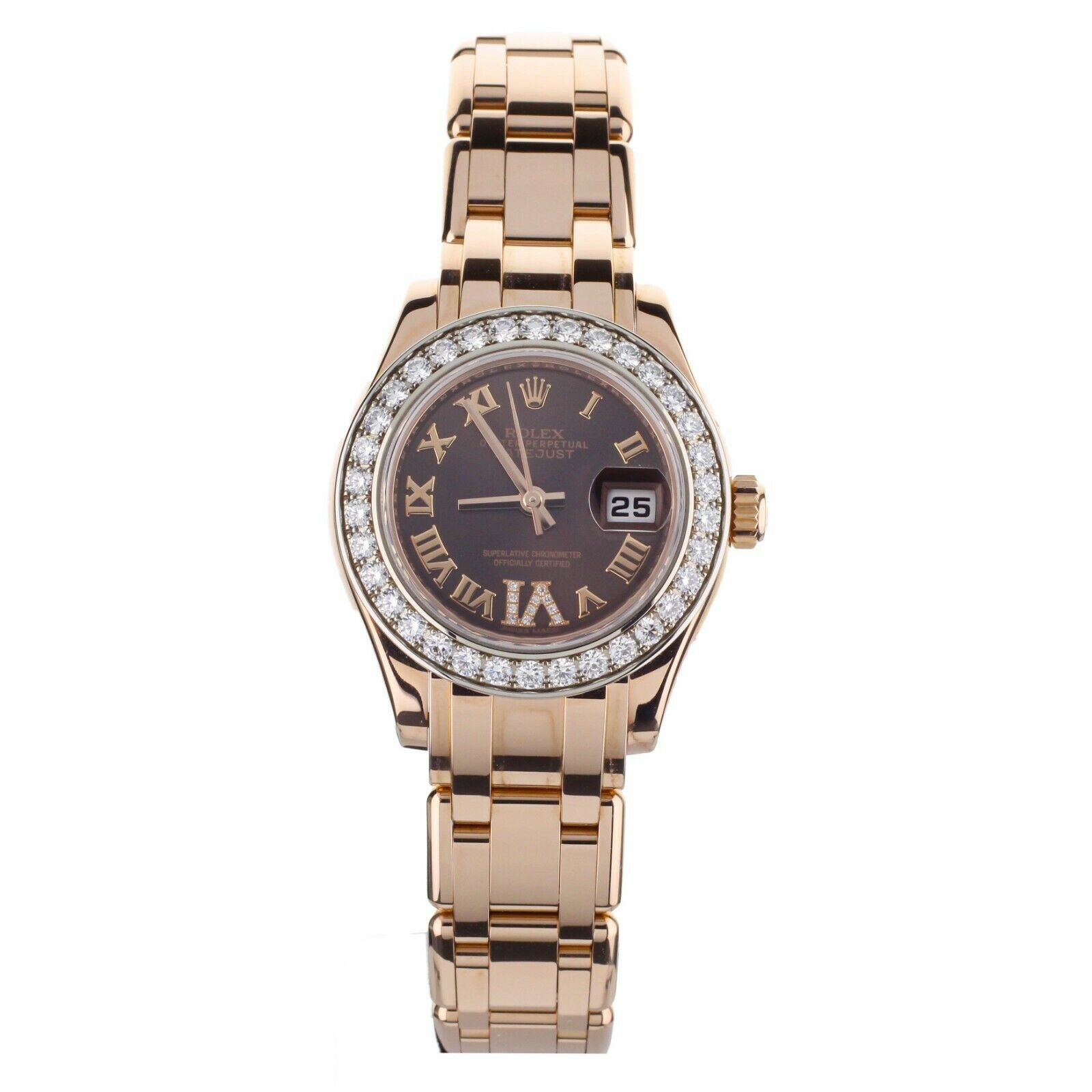 Rolex Pearlmaster Rose Gold Brown Dial Factory Diamond Bezel 29mm 80285