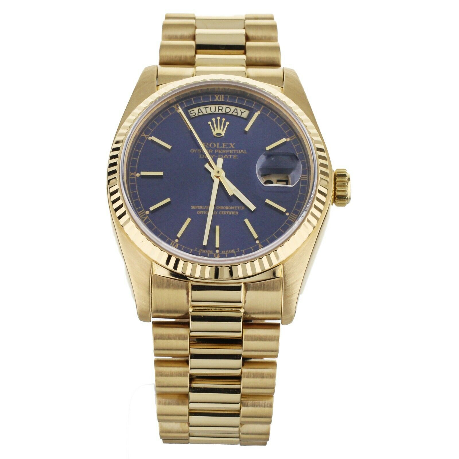 Rolex Day Date Blue Dial Yellow Gold on Bracelet 36mm 18038 Full Set