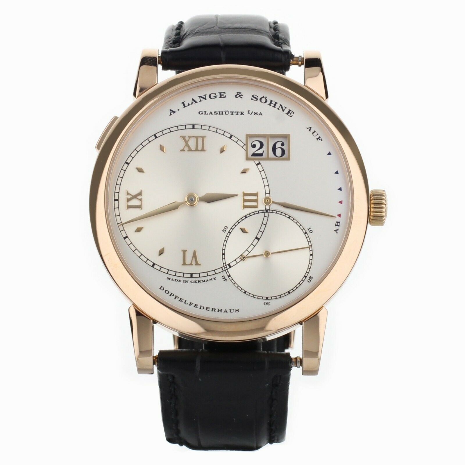 A. Lange Sohne Grand Lange 1 Rose Gold Silver Dial Alligator Strap 42mm