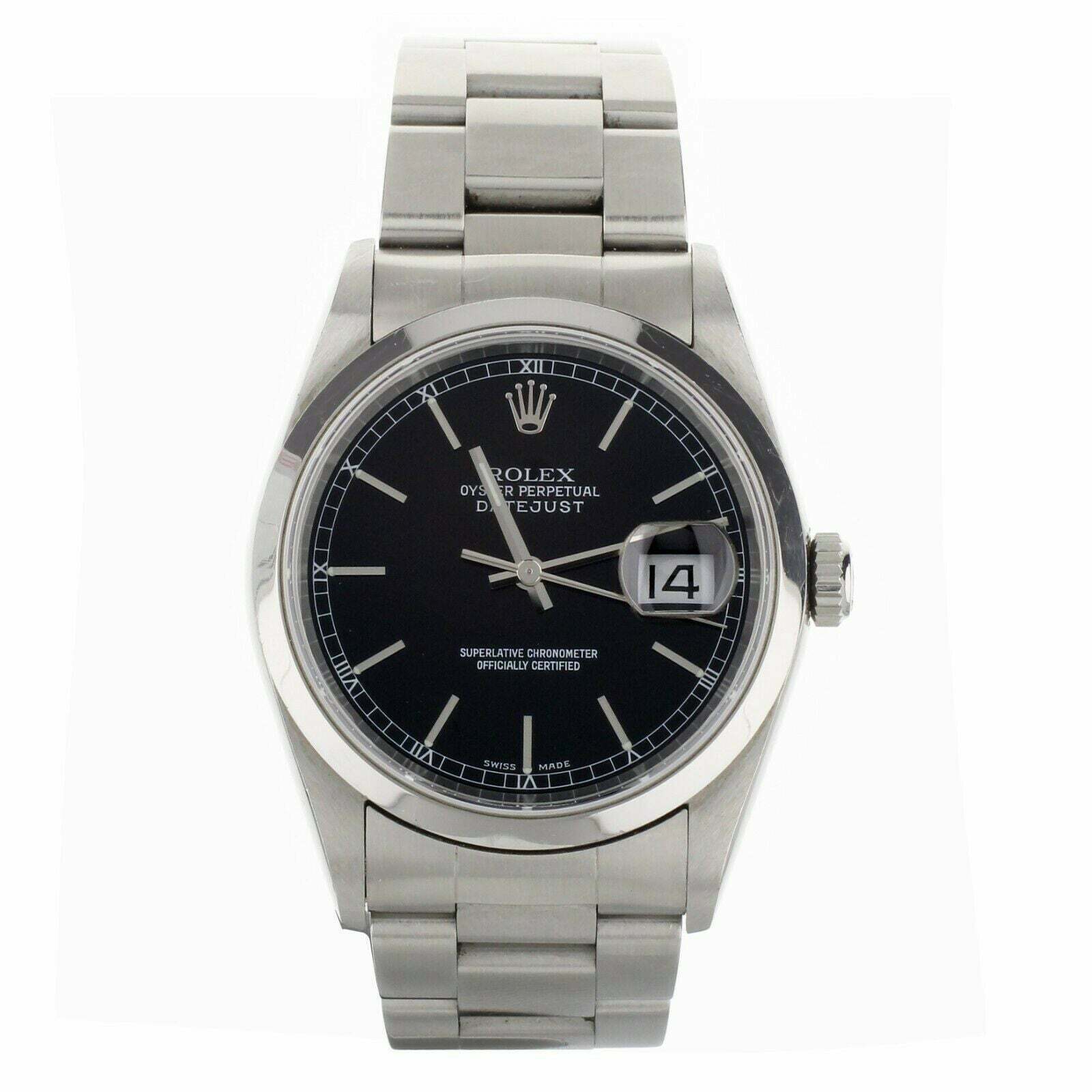 Rolex DateJust Black Stick Dial Stainless Steel Smooth Bezel 36mm  full set