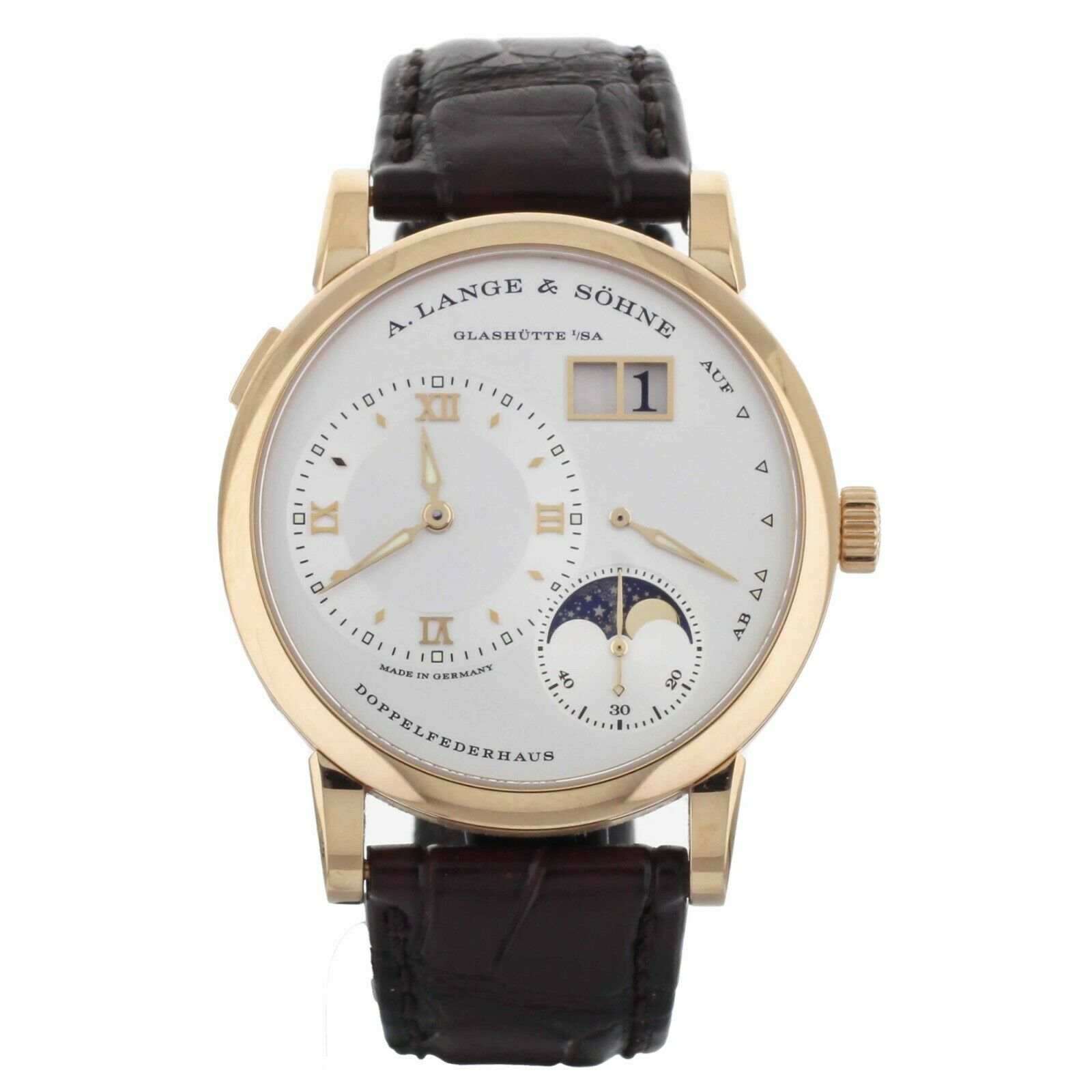 A.Lange  Sohne Lange 1 Moonphase Rose Gold Silver Dial 38.5mm  Full Set