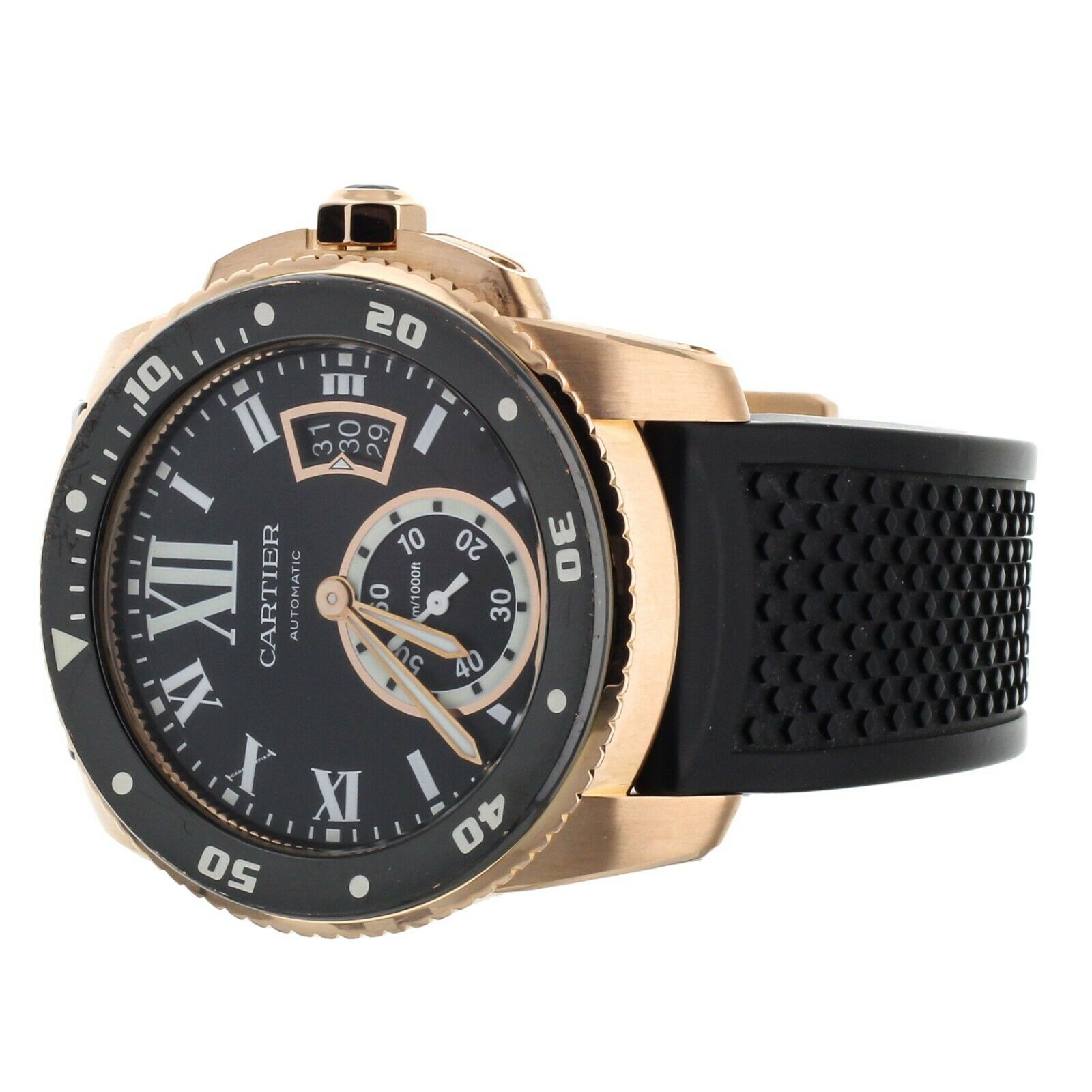 Cartier Calibre Diver Rose Gold Rubber Strap Black Dial ADLC Bezel