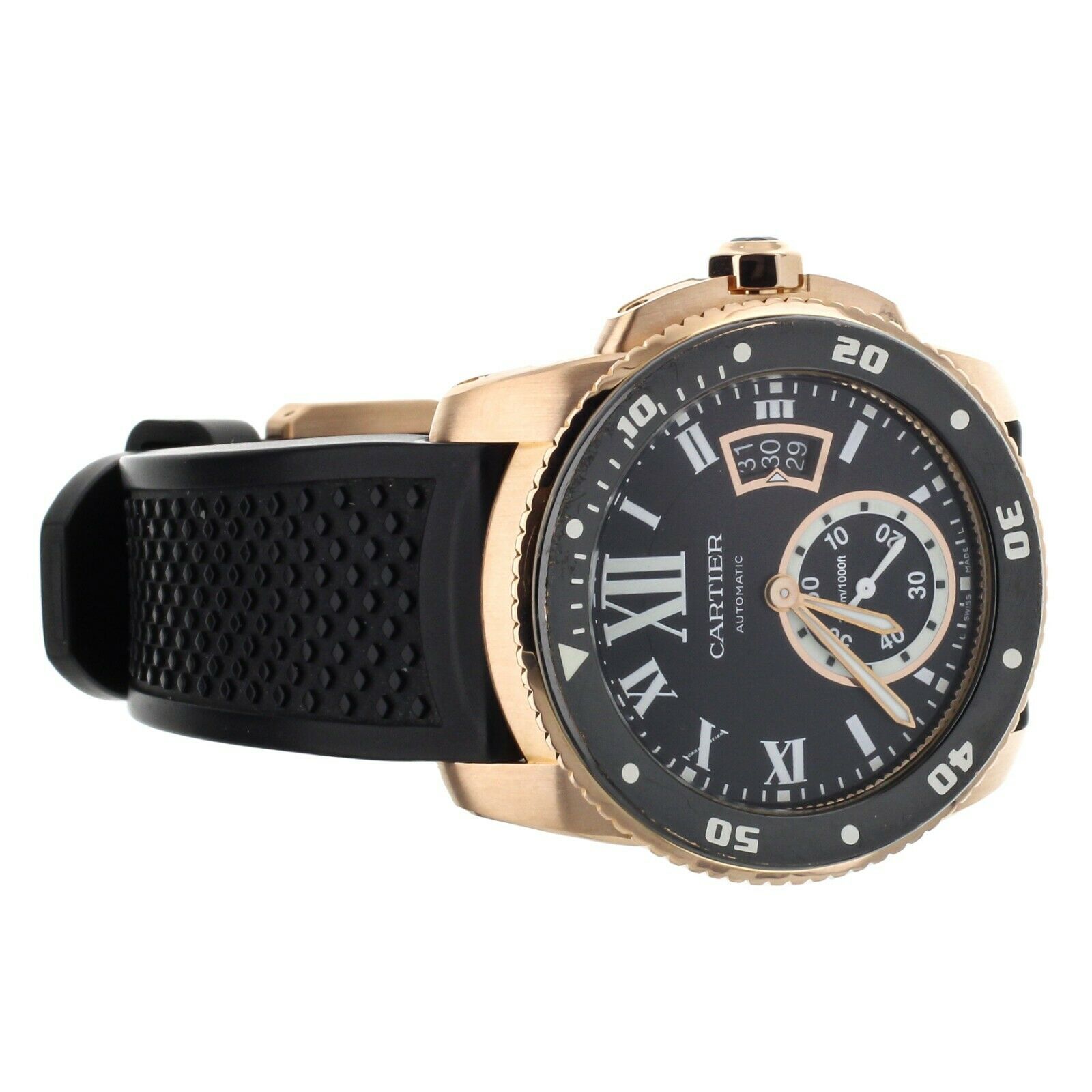 Cartier Calibre Diver Rose Gold Rubber Strap Black Dial ADLC Bezel