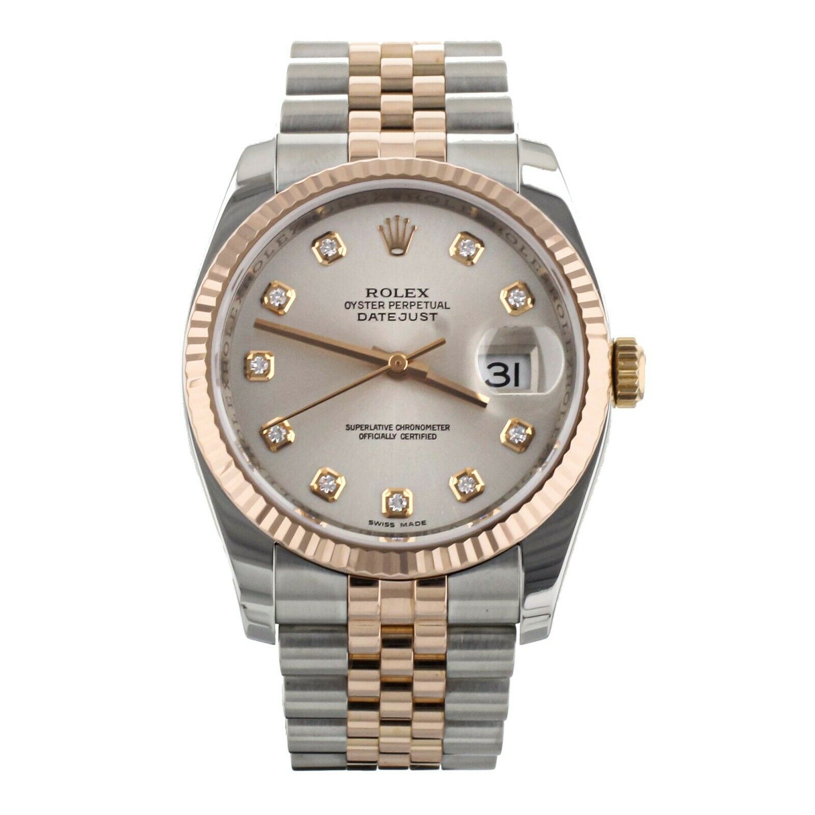 Rolex DateJust Stainless Steel Rose Gold Factory Silver Diamond Dial 36MM