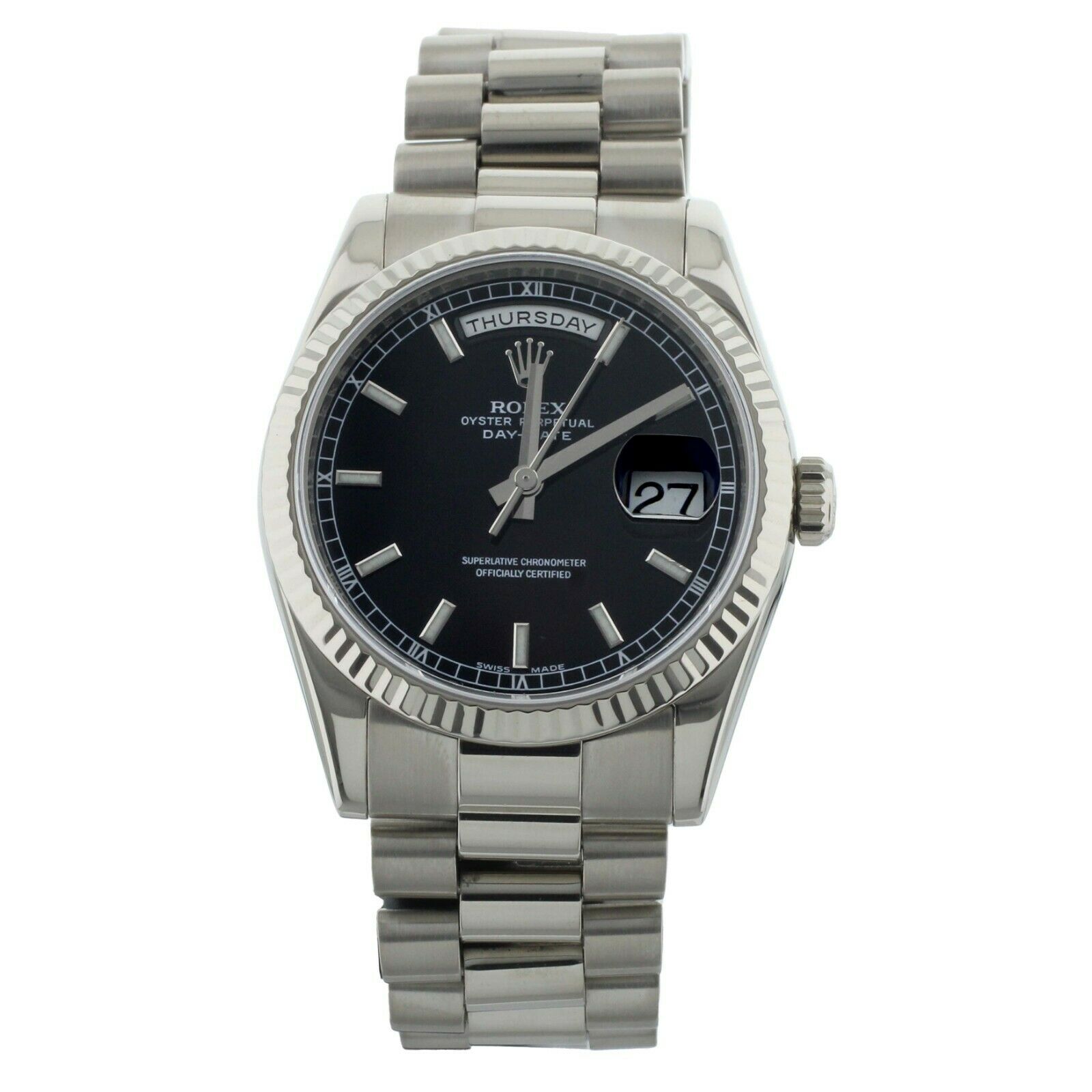 Rolex Day Date White Gold Black Dial on White Gold Bracelet 36mm
