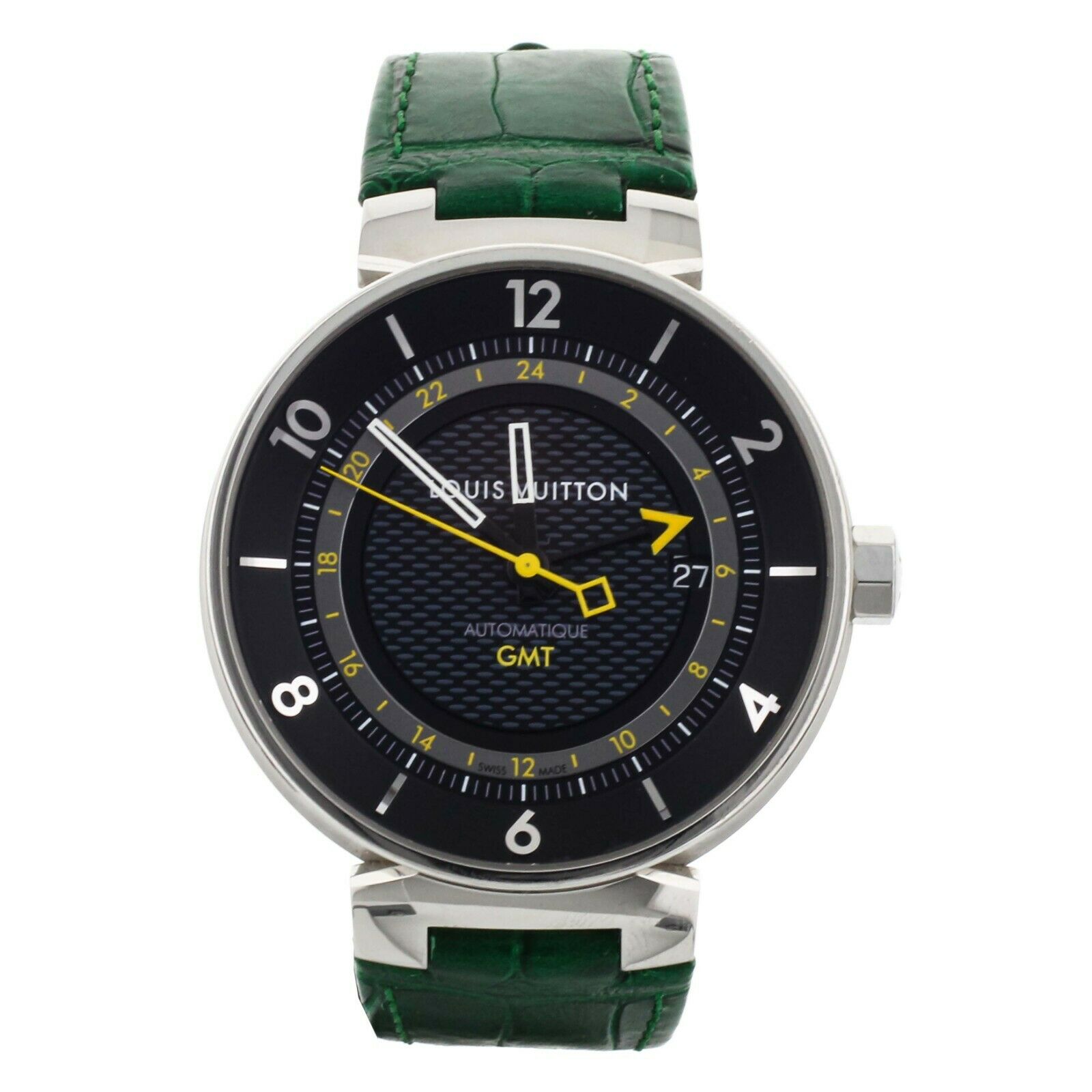 Louis Vuitton Tambour GMT Stainless Steel Black Dial Green Alligator 42mm
