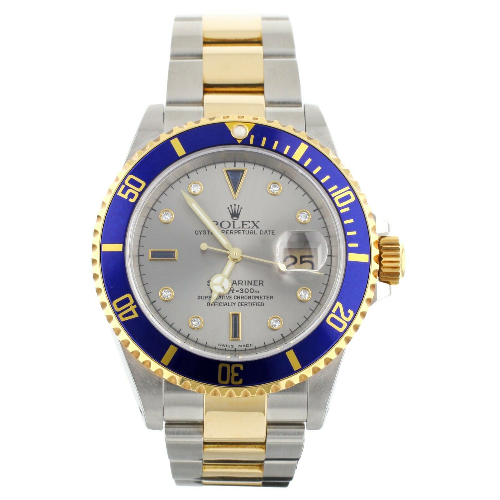 Rolex Submariner Stainless Steel Yellow Gold Silver Serti 40mm 16613 Full Set