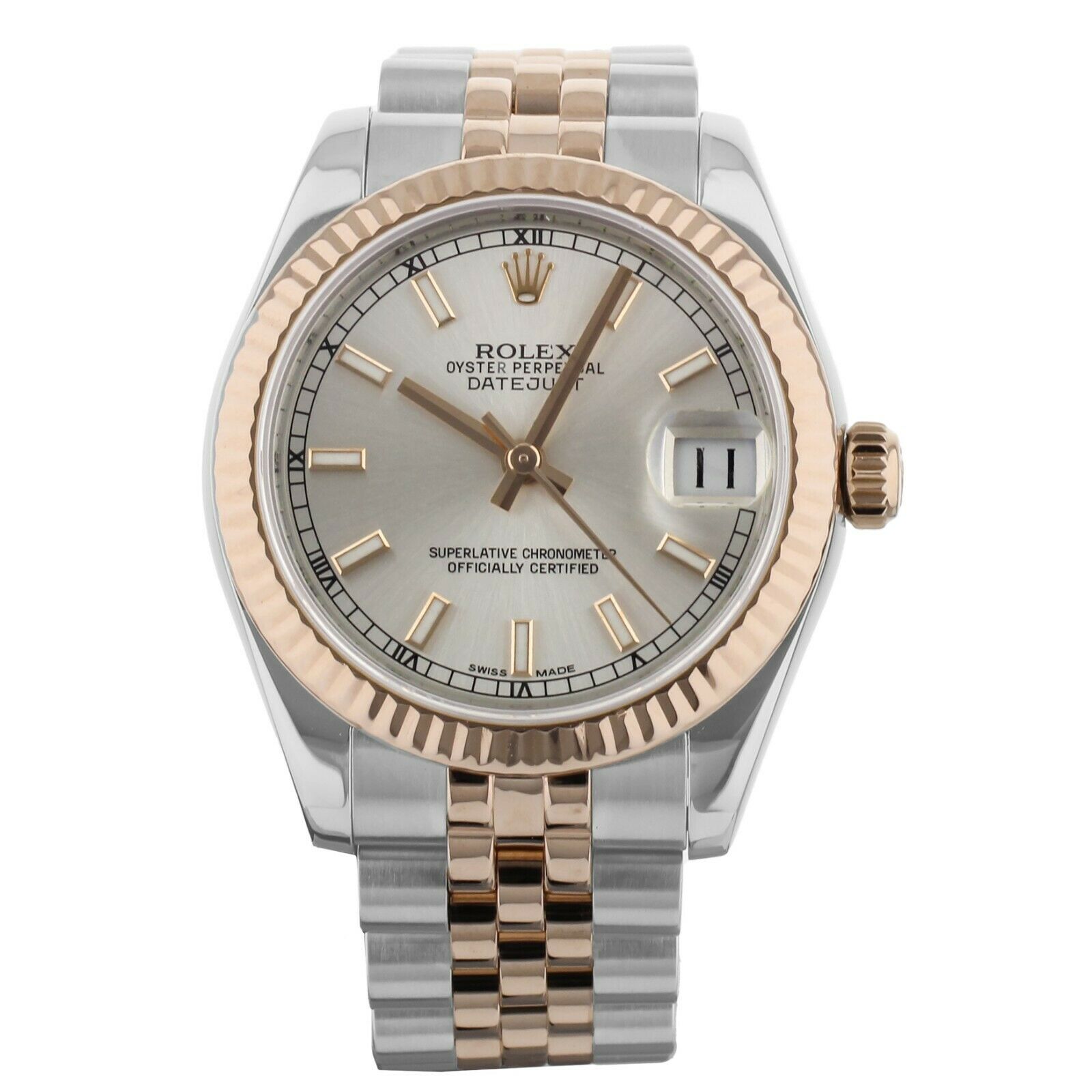Rolex Datejust Stainless Steel Rose Gold Silver Dial Fluted Bezel