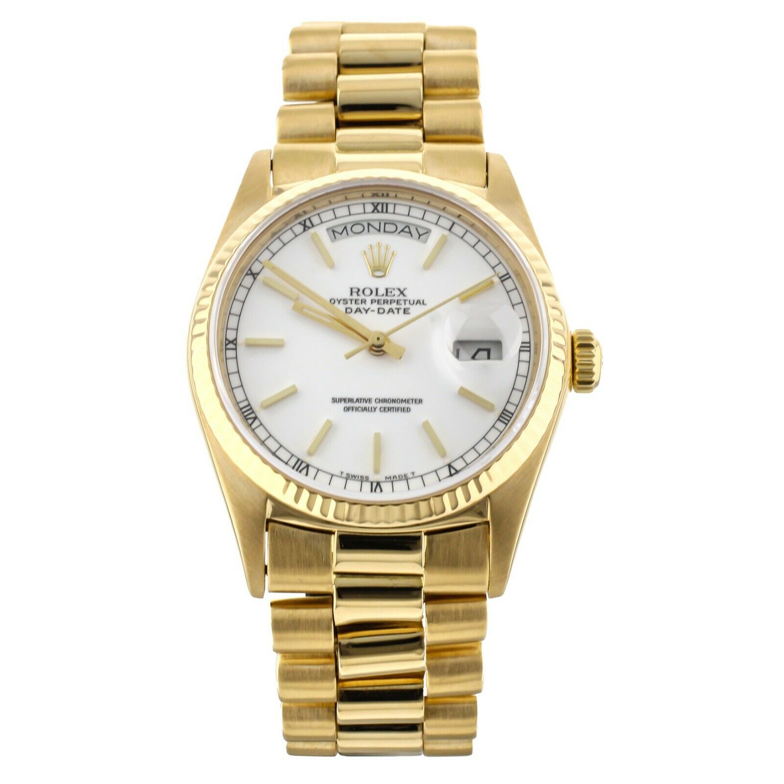 Rolex Day Date Yellow Gold White Stick Dial on Bracelet 36mm 18038