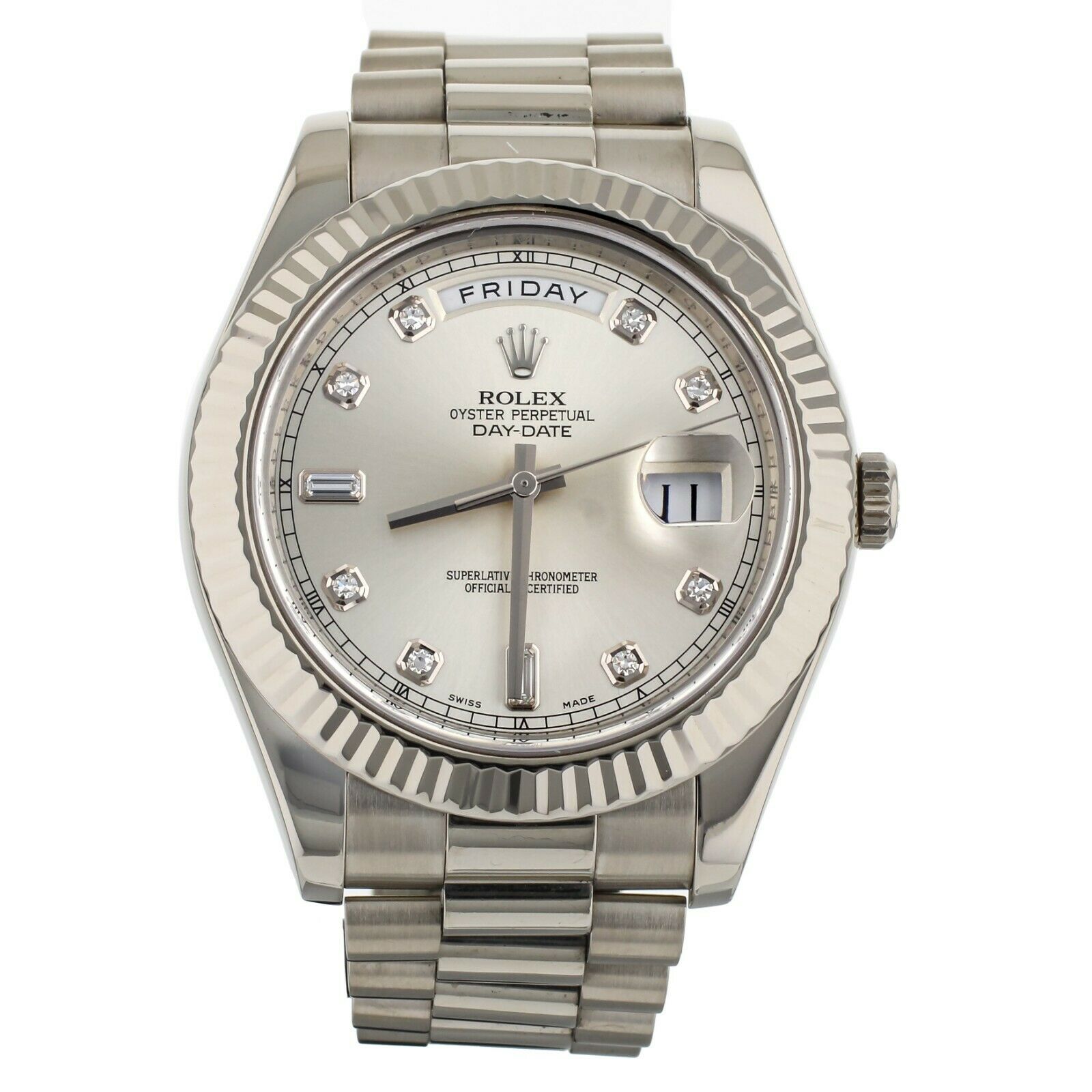 Rolex Day Date II White Gold Silver Diamond Dial President Bracelet