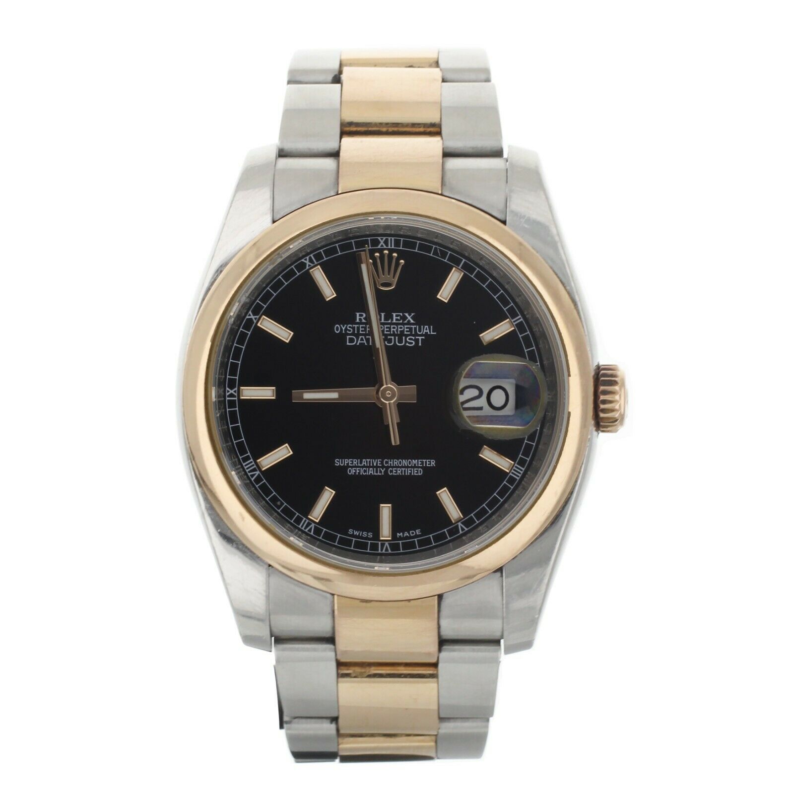 Rolex Datejust Stainless Steel Rose Gold Black Dial Smooth Bezel 36MM