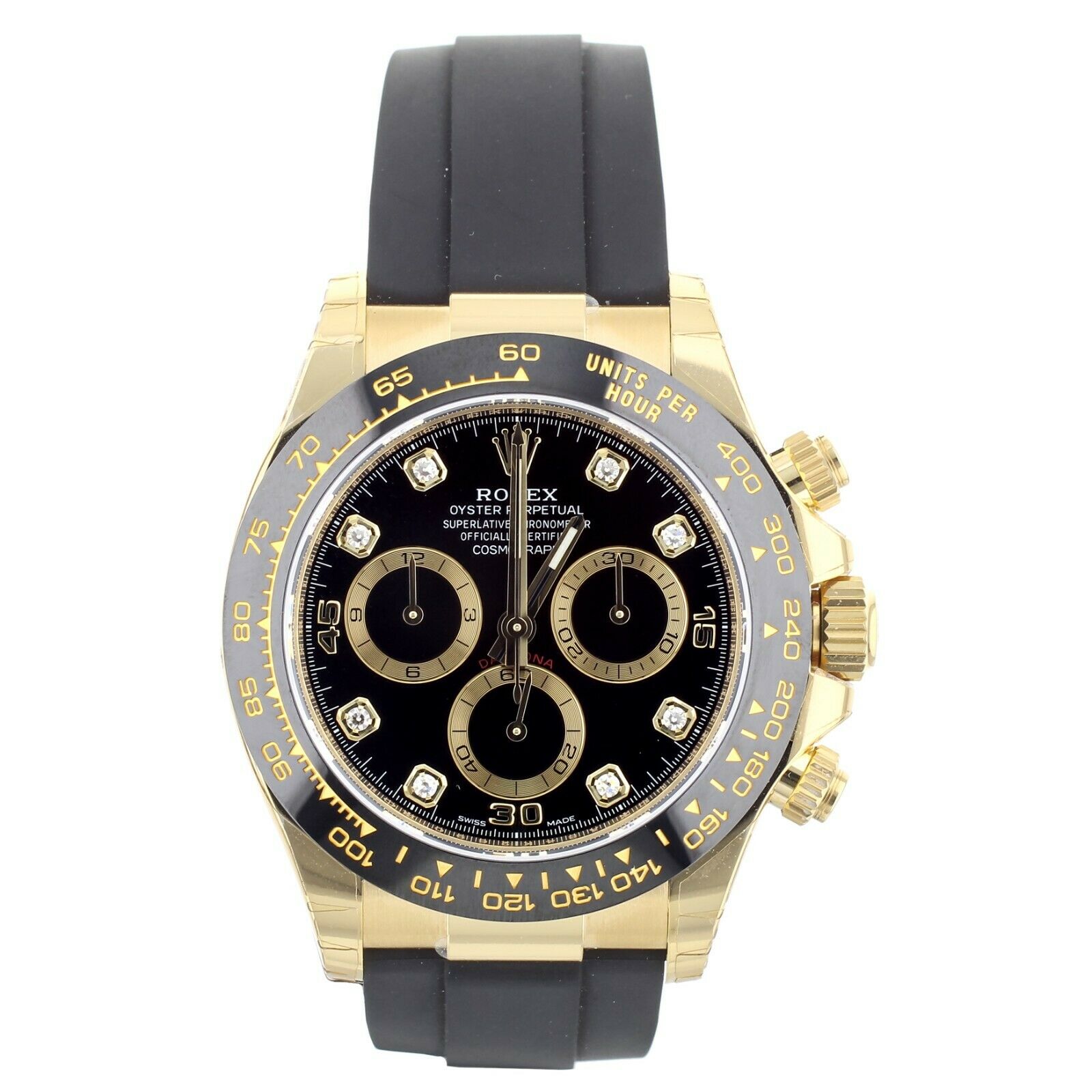 Rolex Daytona Yellow Gold Black Diamond Dial Oysterflex 40mm LN Full Set