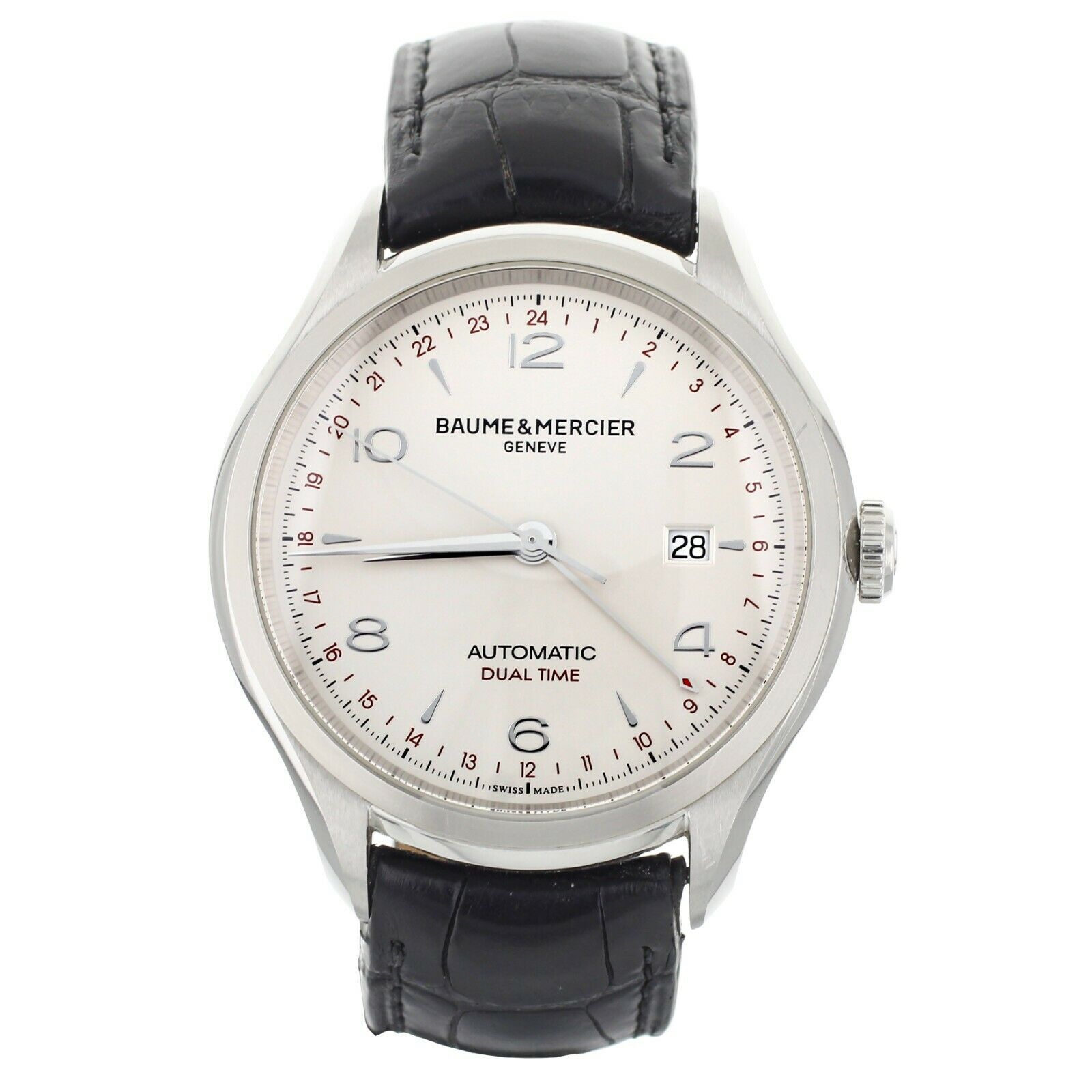 Baume & Mercier Clifton GMT Silver Dial Stainless Steel Alligator 43mm