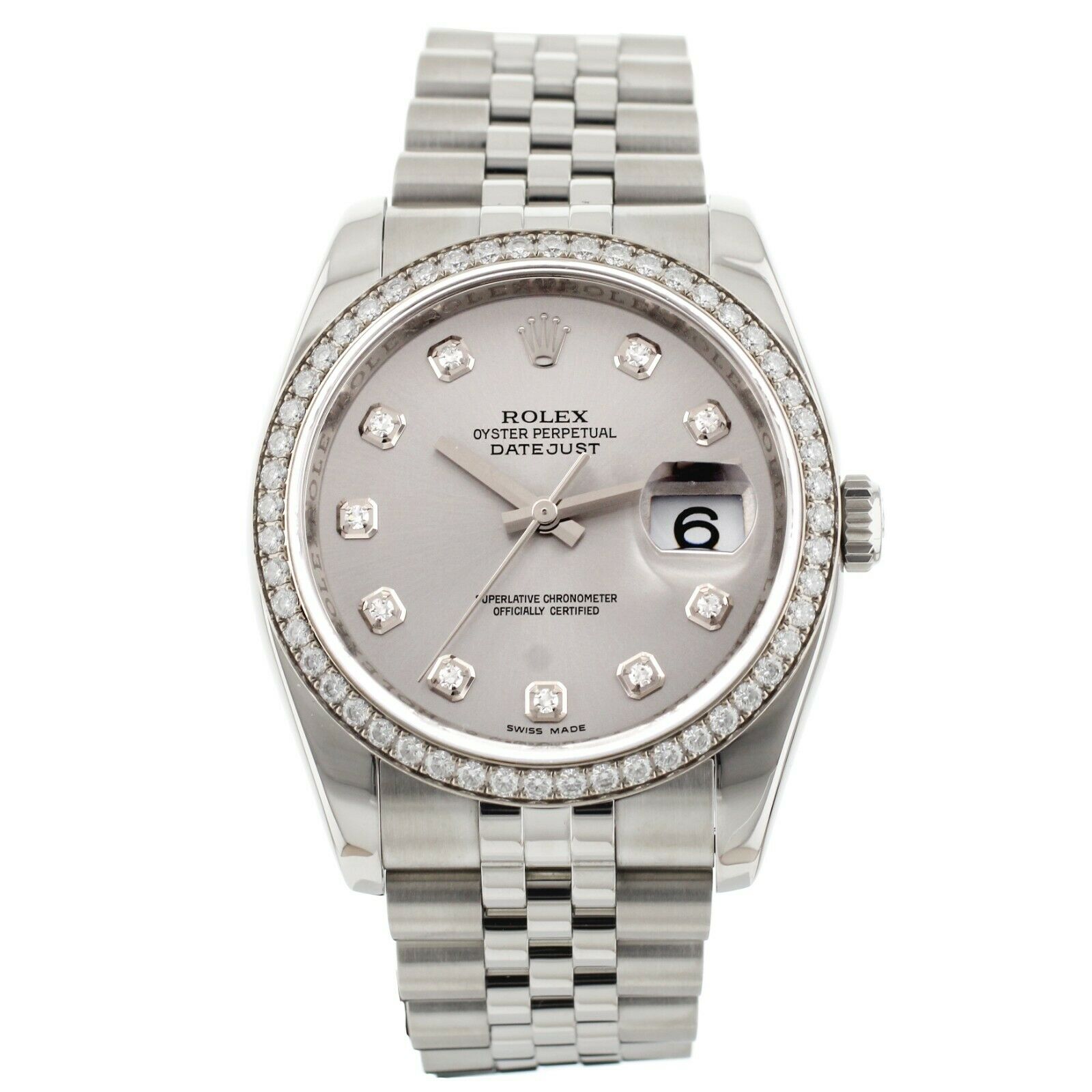 Rolex Datejust Silver Diamond Dial Jubilee Diamond Bezel 36mm  Full Set