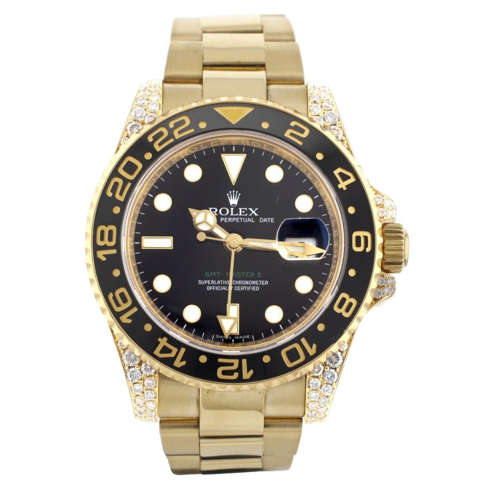 Rolex GMT Master II Date Black Dial Diamond Lugs Yellow Gold 40MM