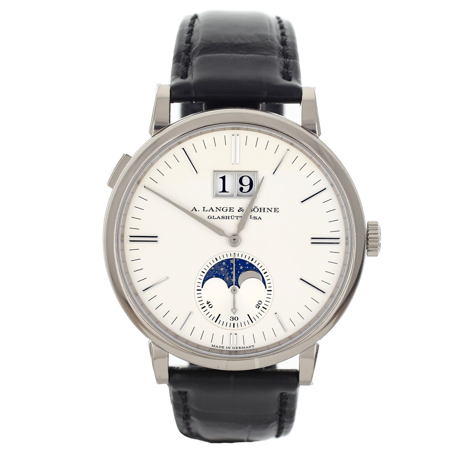 A. Lange  Sohne Saxonia Moon Phase Silver Dial White Gold 40mm  Full Set