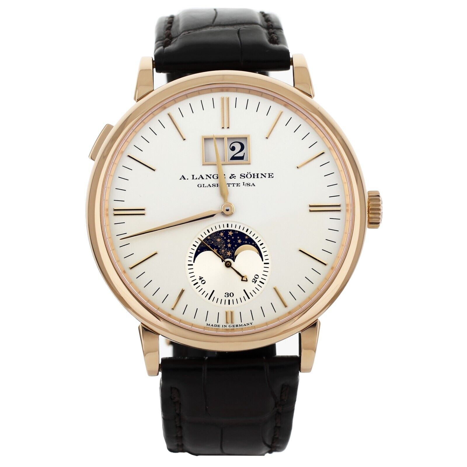 A. Lange  Sohne Saxonia Moonphase Rose Gold Silver Dial Alligator 40mm 384.032