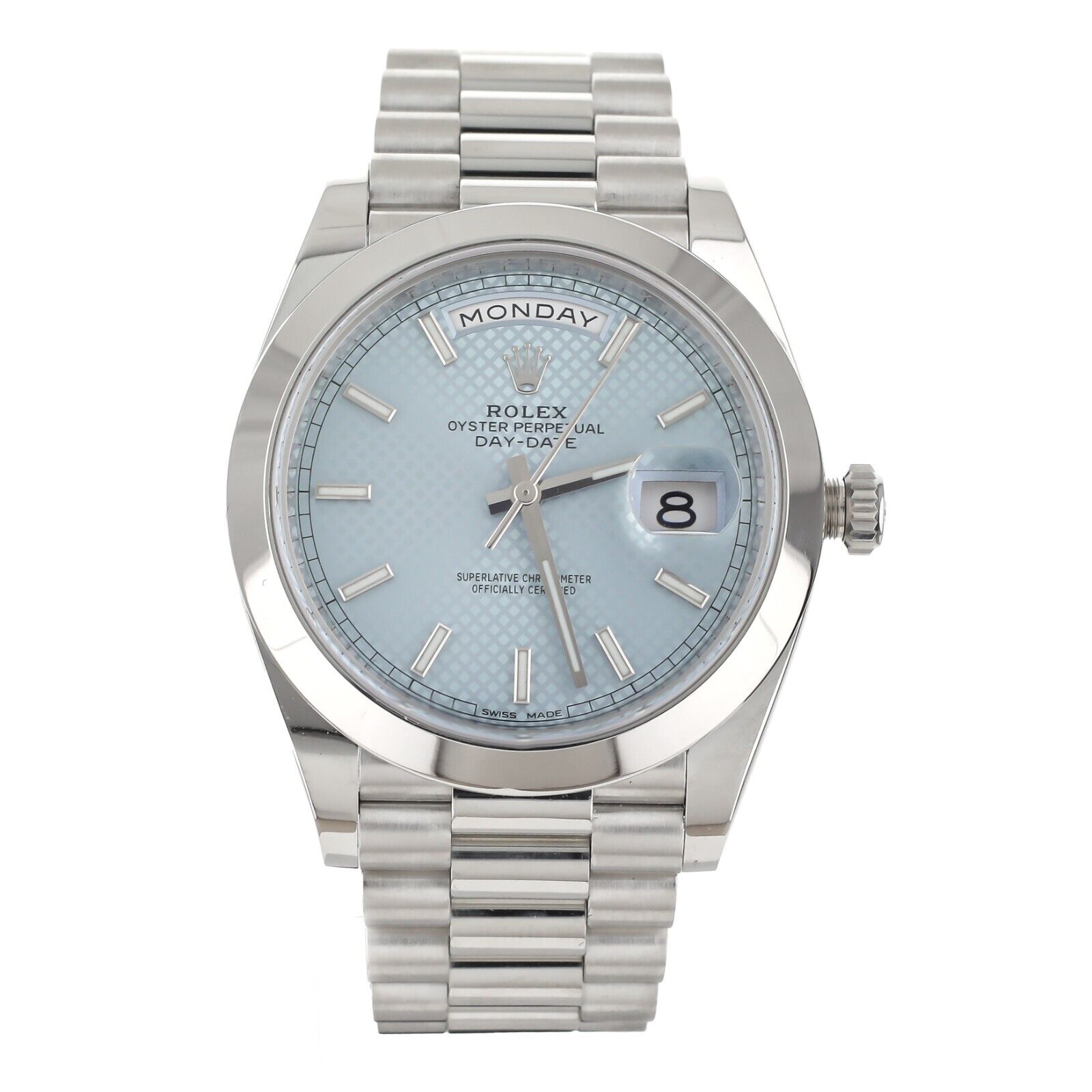 Rolex Day-Date 40 Platinum Ice Blue Diagonal Motif Dial 40mm 228206 Full Set