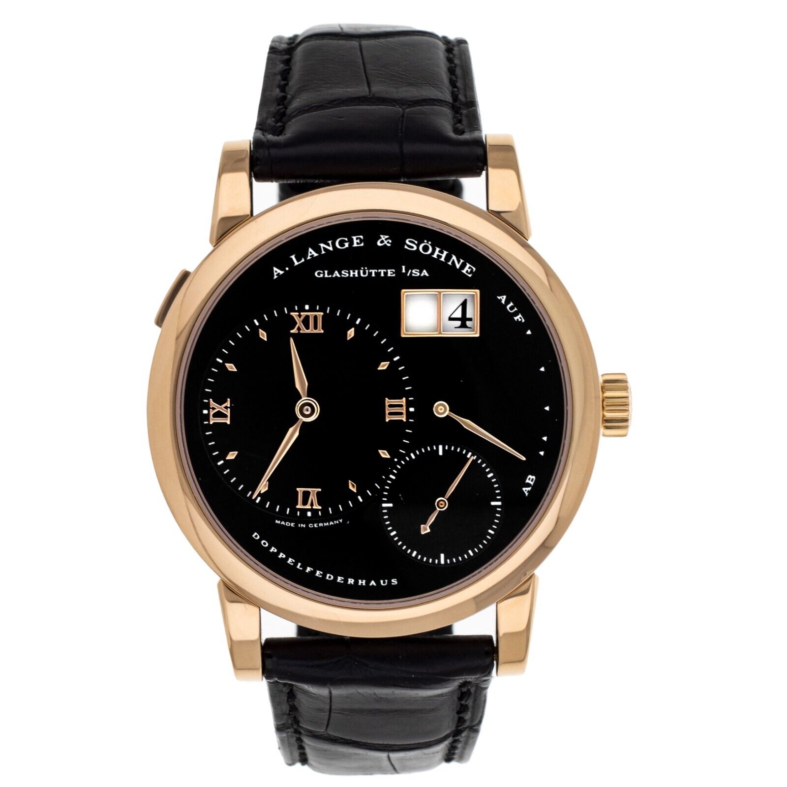 A. Lange  Sohne Lange 1 Rose Gold Black Dial Alligator Strap