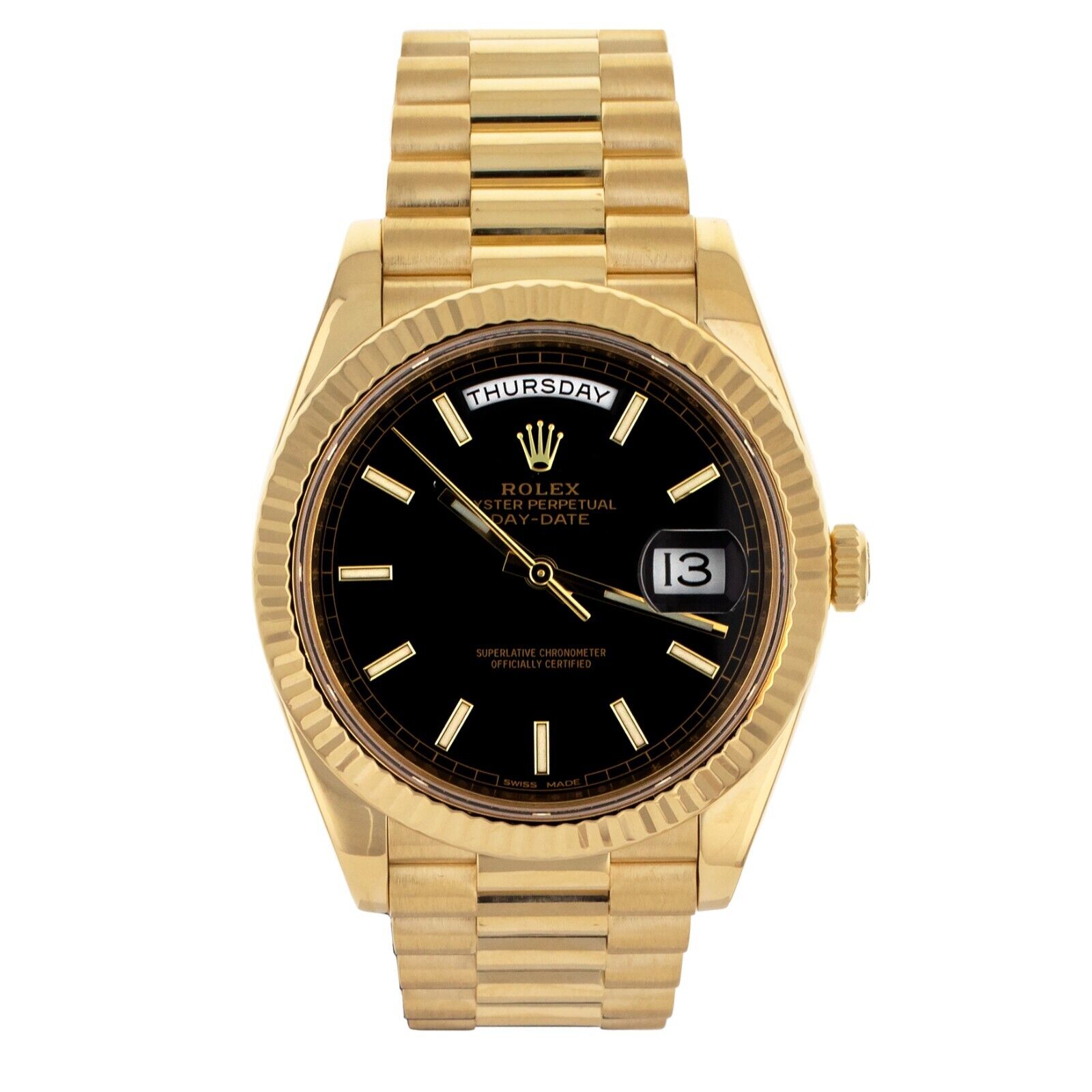 Rolex Day-Date 40 Black Dial Fluted Bezel Yellow Gold   Full Set