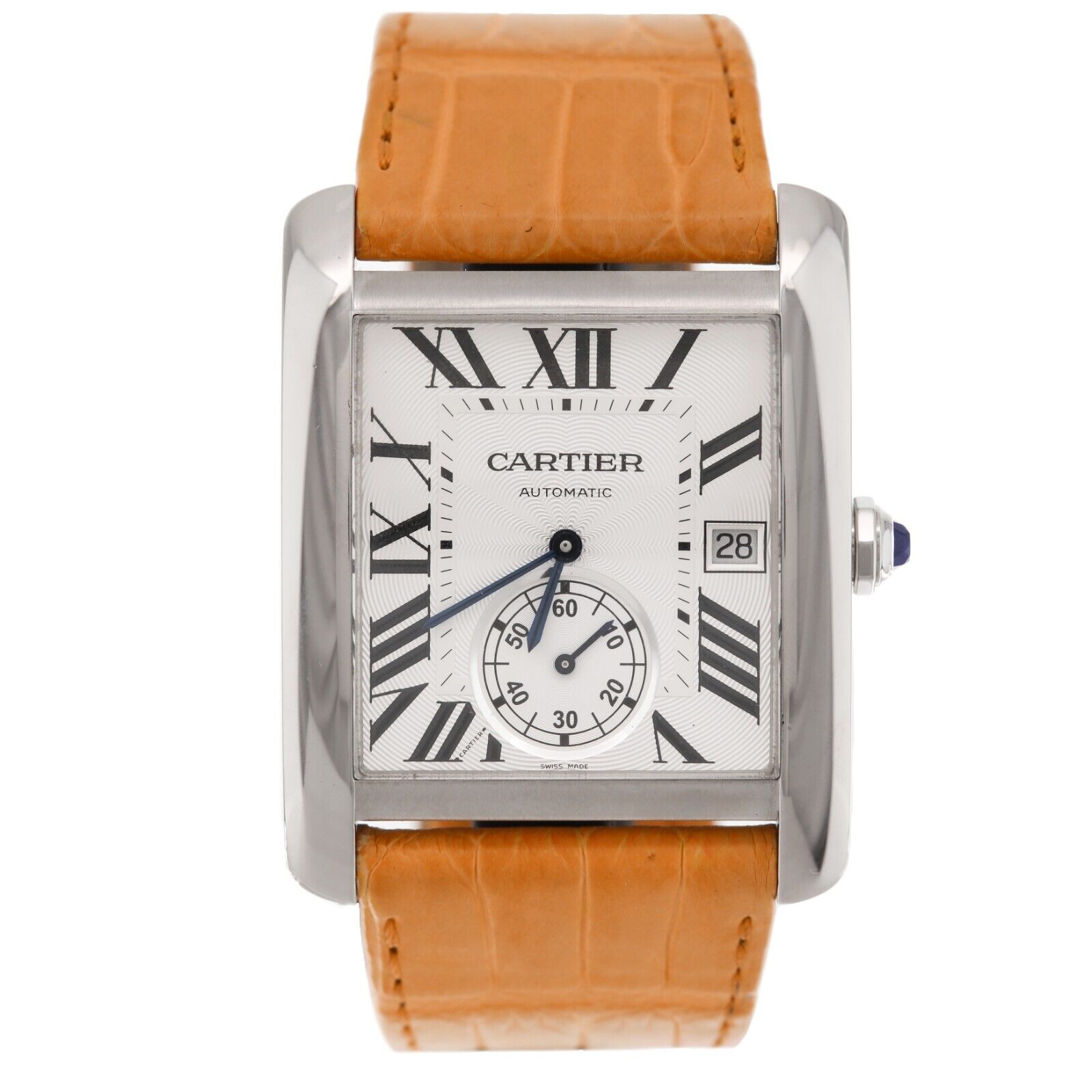 Cartier Tank MC Stainless Steel Silver Dial Orange Strap 44x34mm