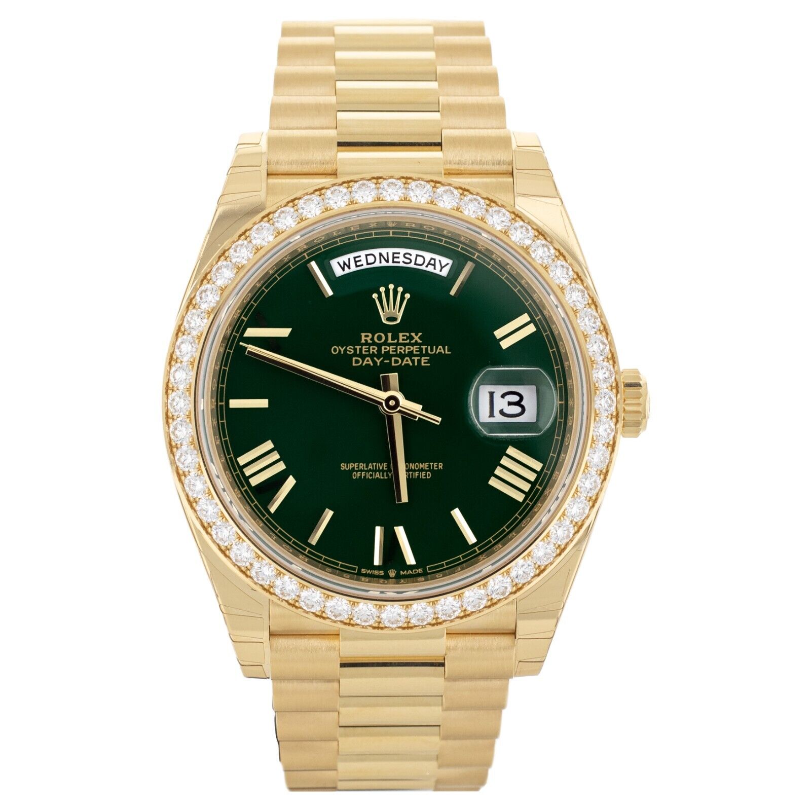 Rolex Day-Date 40 Green Dial Yellow Gold Diamond Bezel Watch