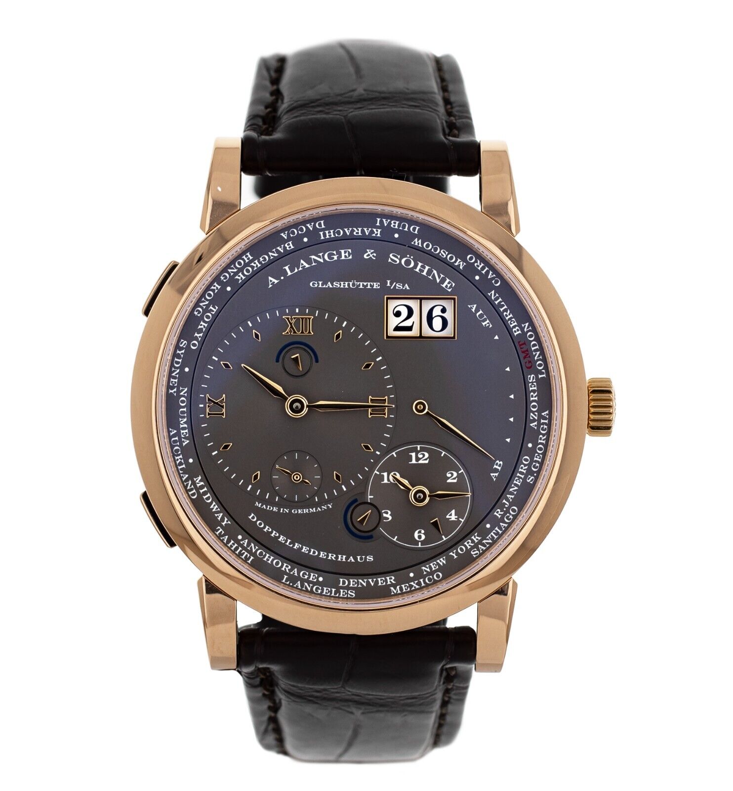 A. Lange  Sohne Lange 1 Time Zone Grey Dial Rose Gold Watch