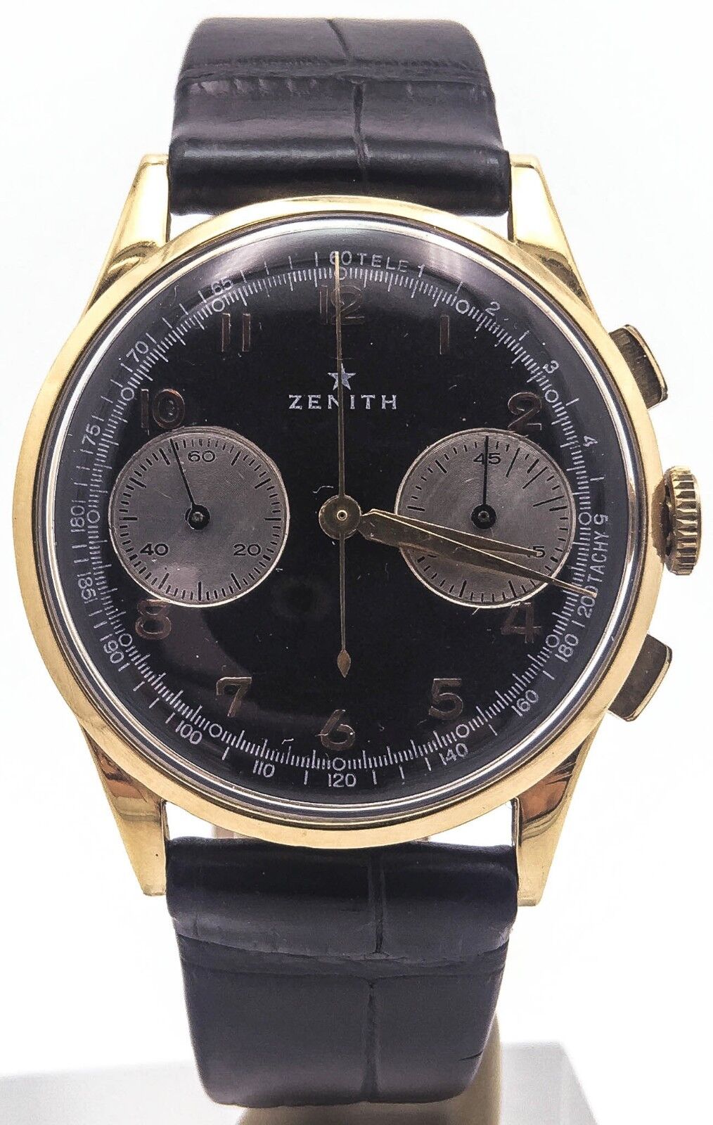 Vintage Zenith 18K Yellow Gold Chronograph Black Dial Telemeter