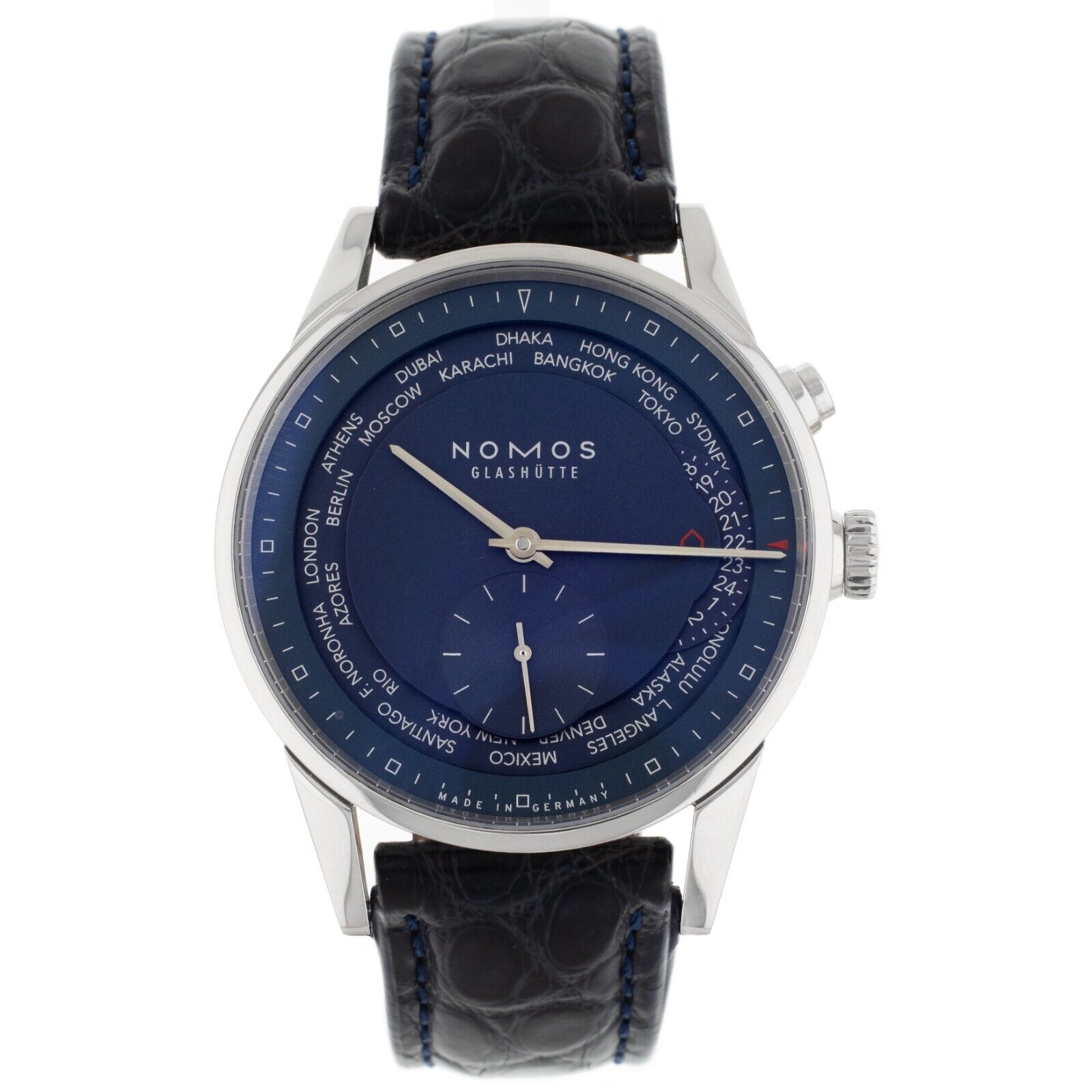 Nomos Zürich World Time Blue Dial Steel Case Blue Strap