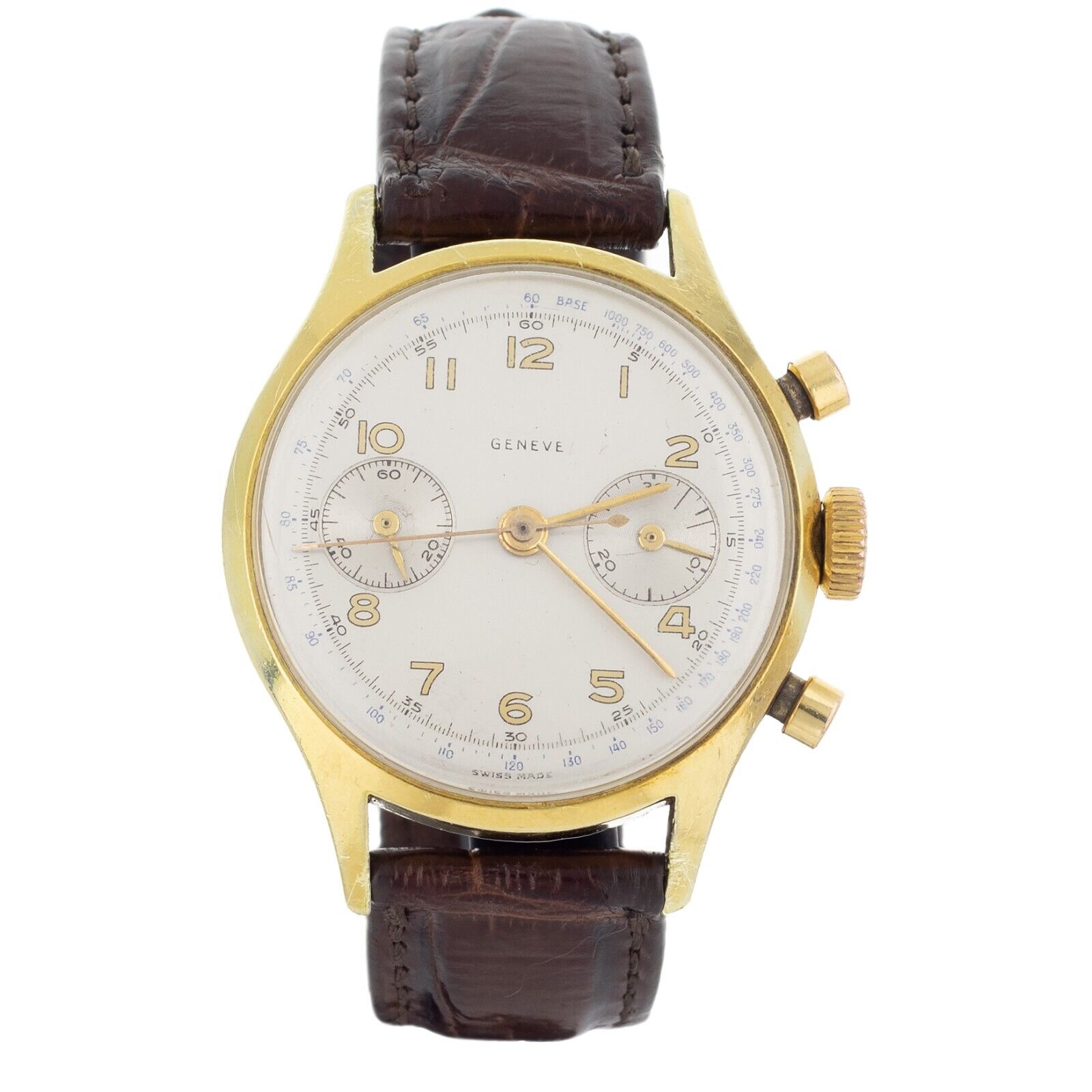 Vintage Geneve Chronograph Silver Dial Gold Case Brown Strap