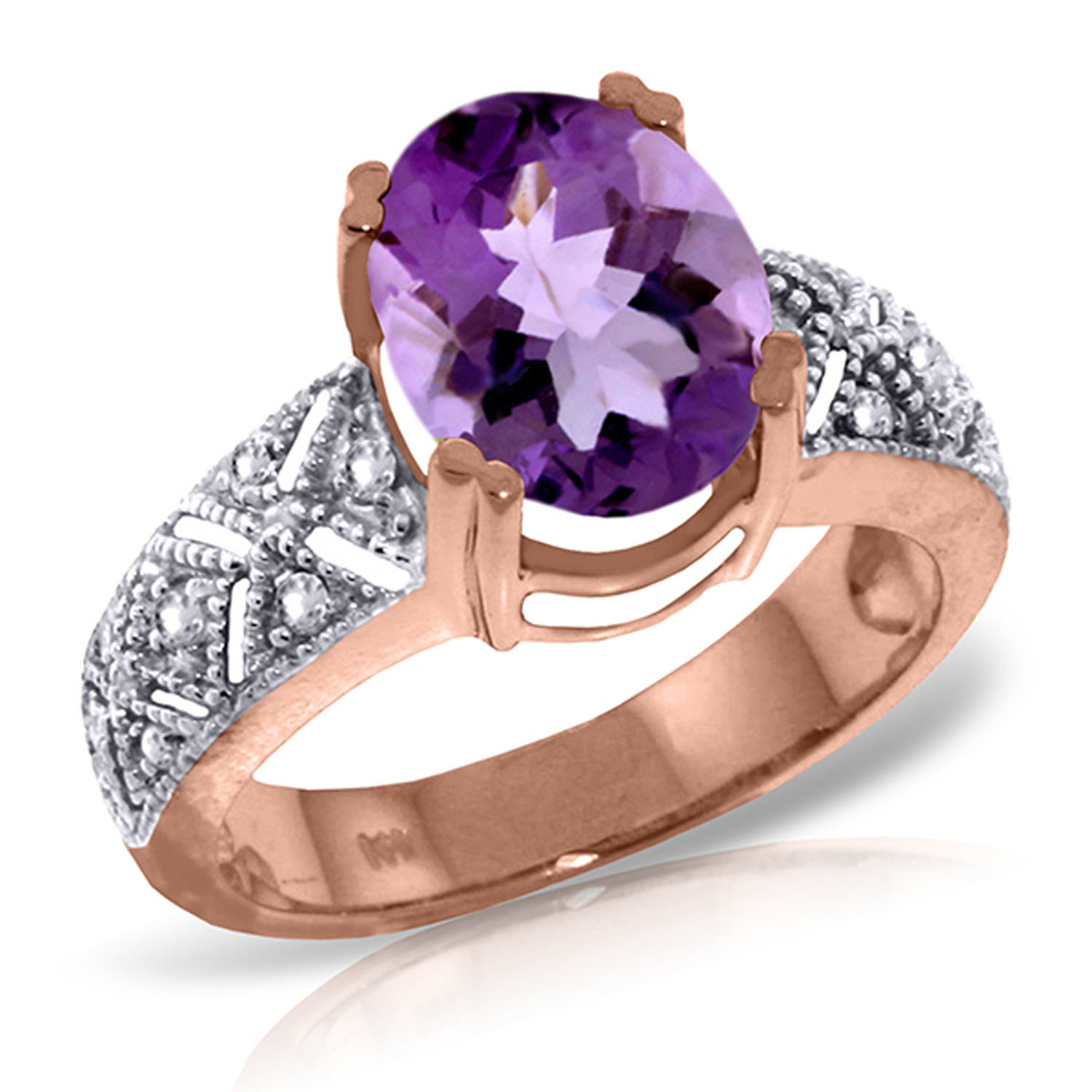 14K Solid Rose Gold Ring with Natural Diamonds  Purple Amethyst