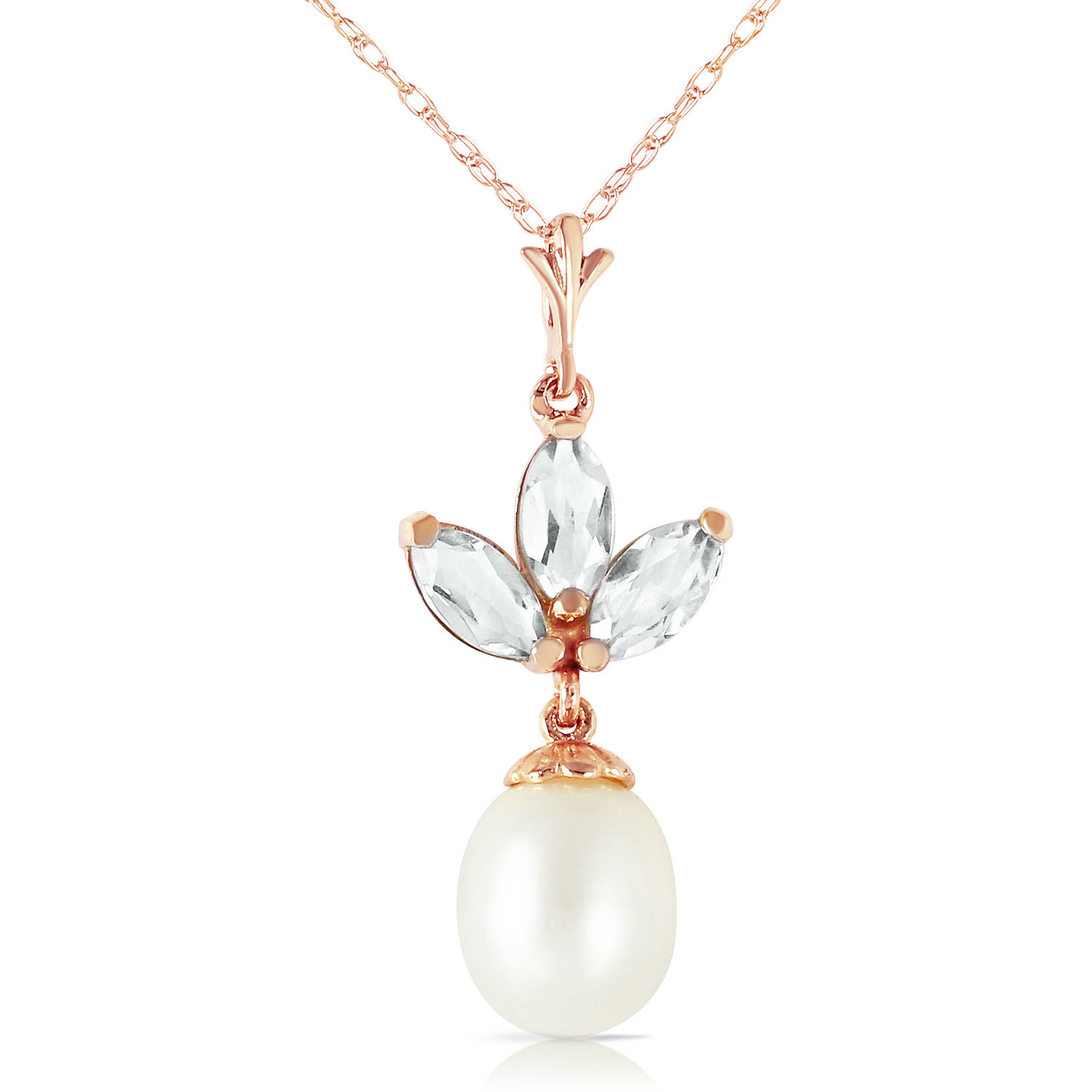 14K Solid Rose Gold Necklace with Cultured Pearl  Green Amethyst