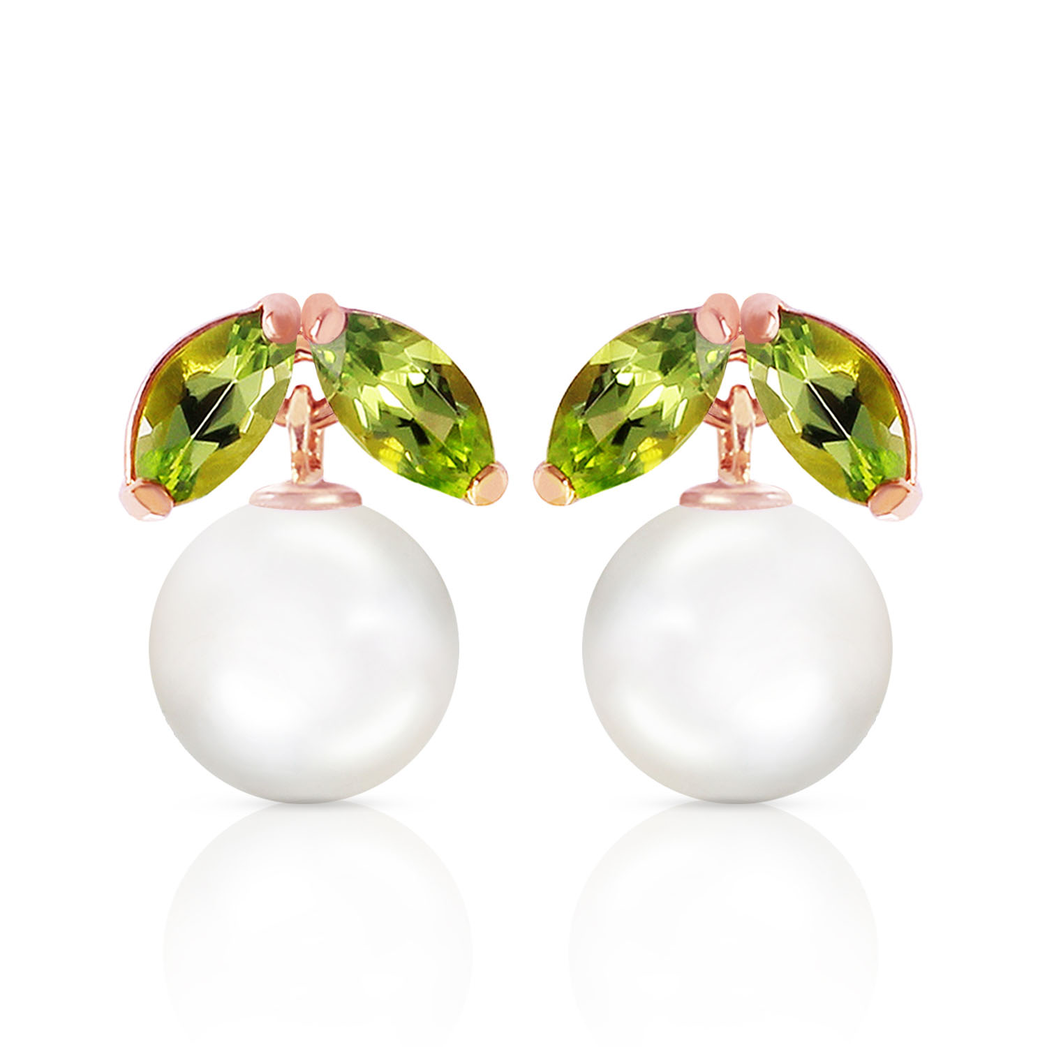 14K Solid Rose Gold Stud Earrings with Cultured Pearls  Peridots