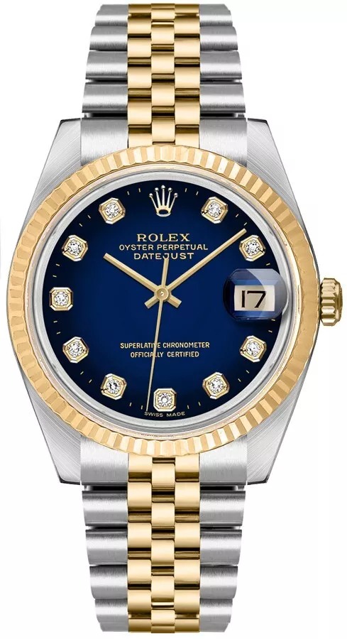 Rolex Datejust 36 Blue Diamond Dial Gold Fluted Bezel Jubilee Band Unisex Watch
